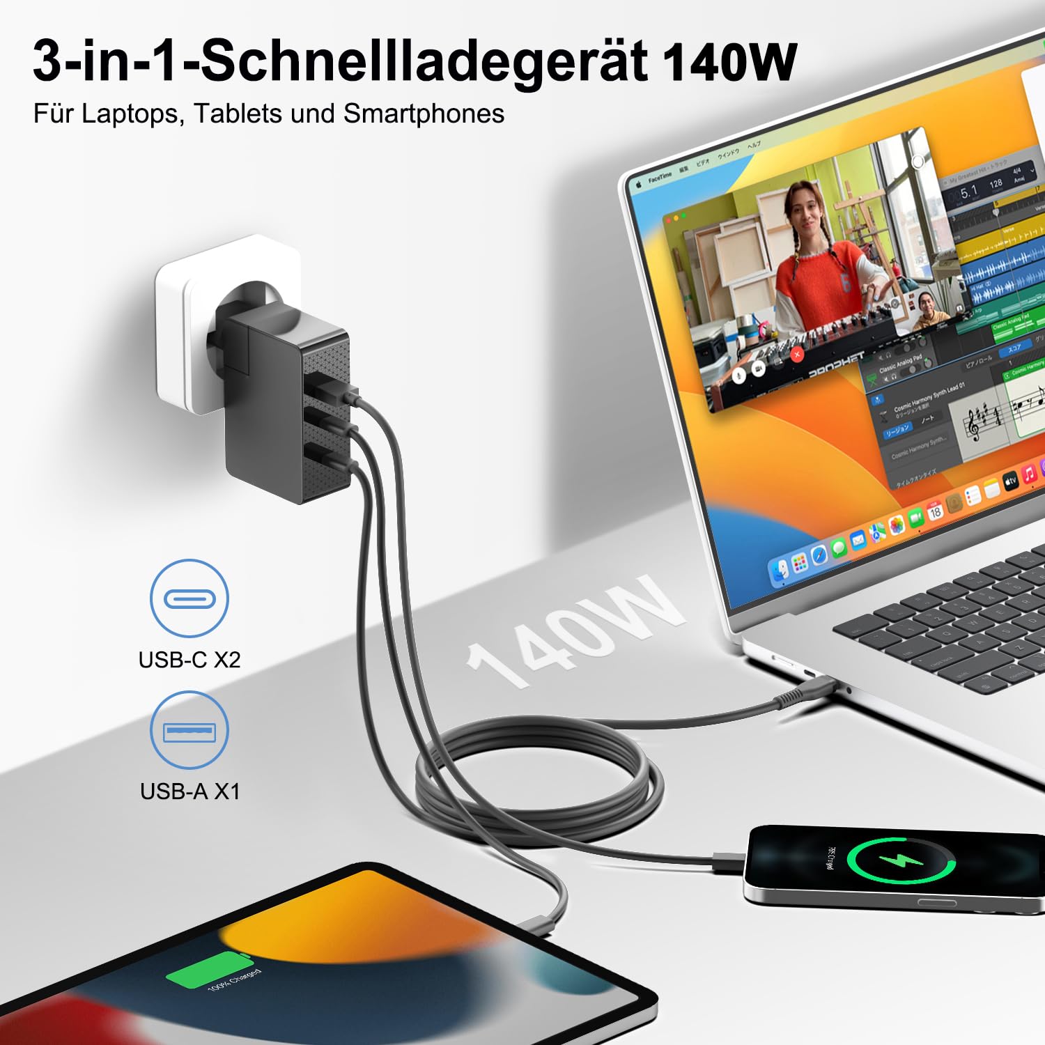 KFD Caricatore USB-C da 140W GaN 28V 5A Alimentatore per MacBook Pro 16, HP OMEN Transcend 14 Spectre x360 16 MSI Prestige 14 16 AI Studio, DJI Power Power Portatile Powerstation