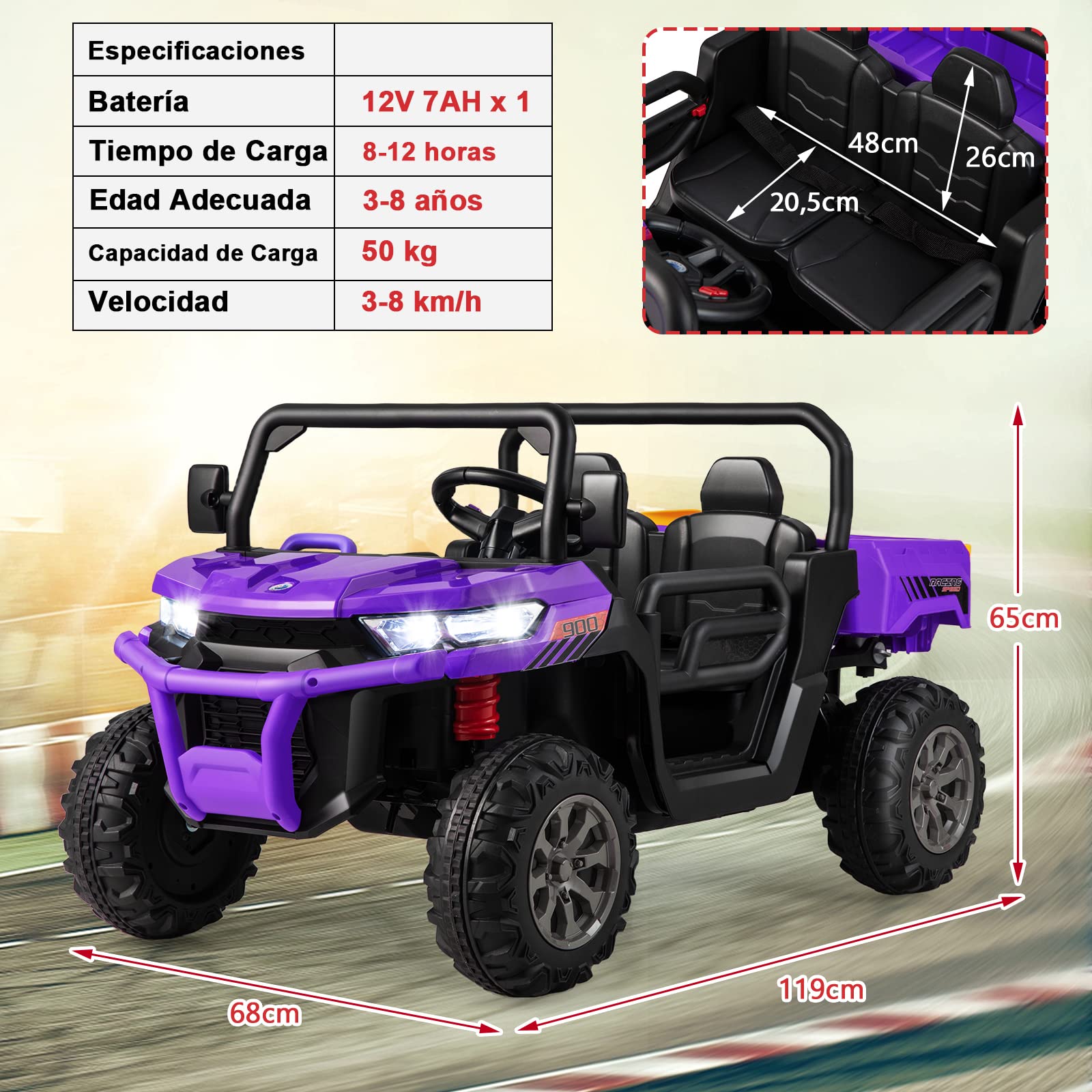 COSTWAY 12V UTV Coche Eléctrico para Niños con 2 Plazas, Vehículo Todoterreno Eléctrico con Volquete, Control Remoto, Música, USB, Vehículo Utilitario para Niños (Morado)