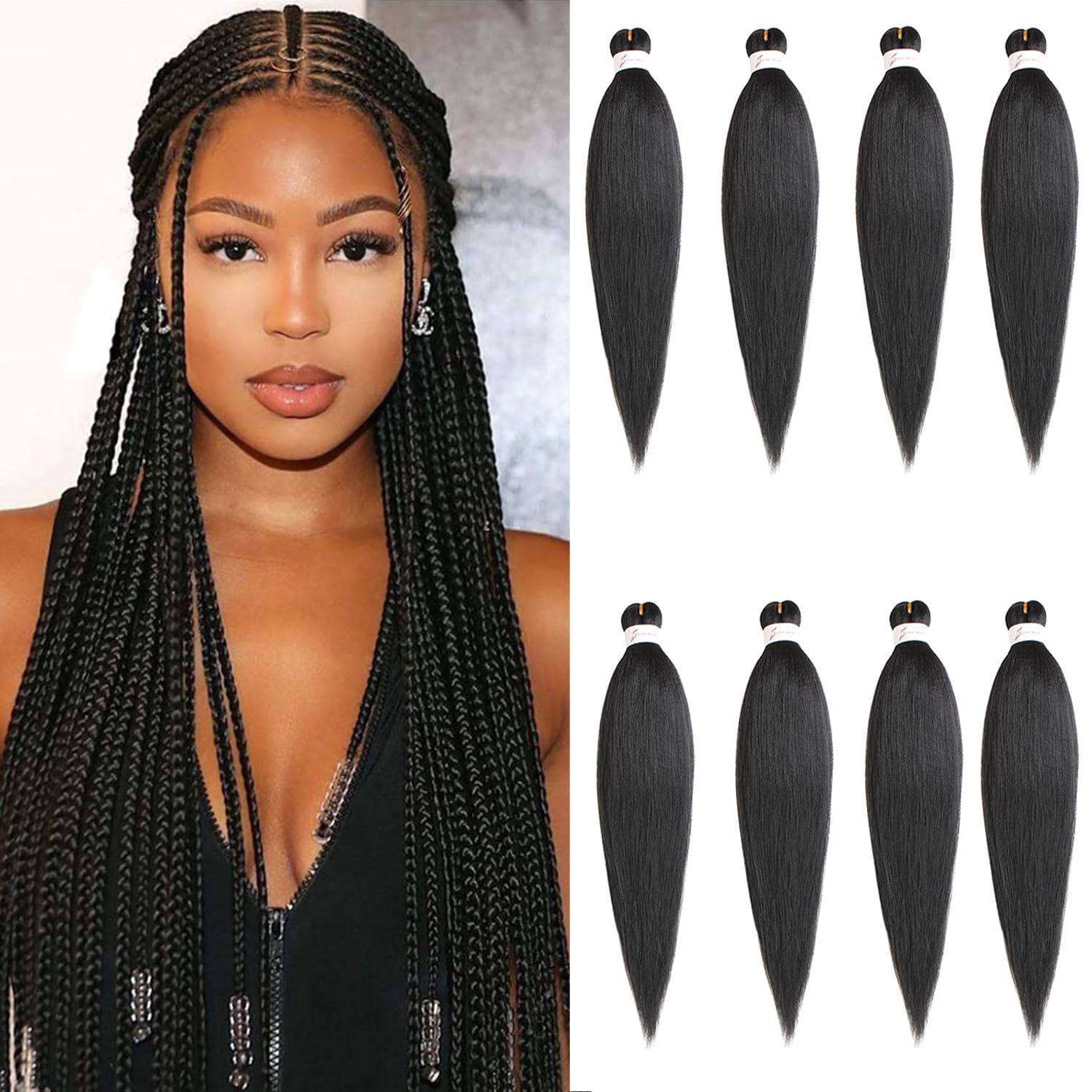 Mscat 26 Inch 8 Packs Pre Stretched Braiding Hair Black Pre Stretched Braiding Professional Synthetic Prestretched Crochet Braids Hair Extension Hot Water Setting Yaki Texture (1B#)