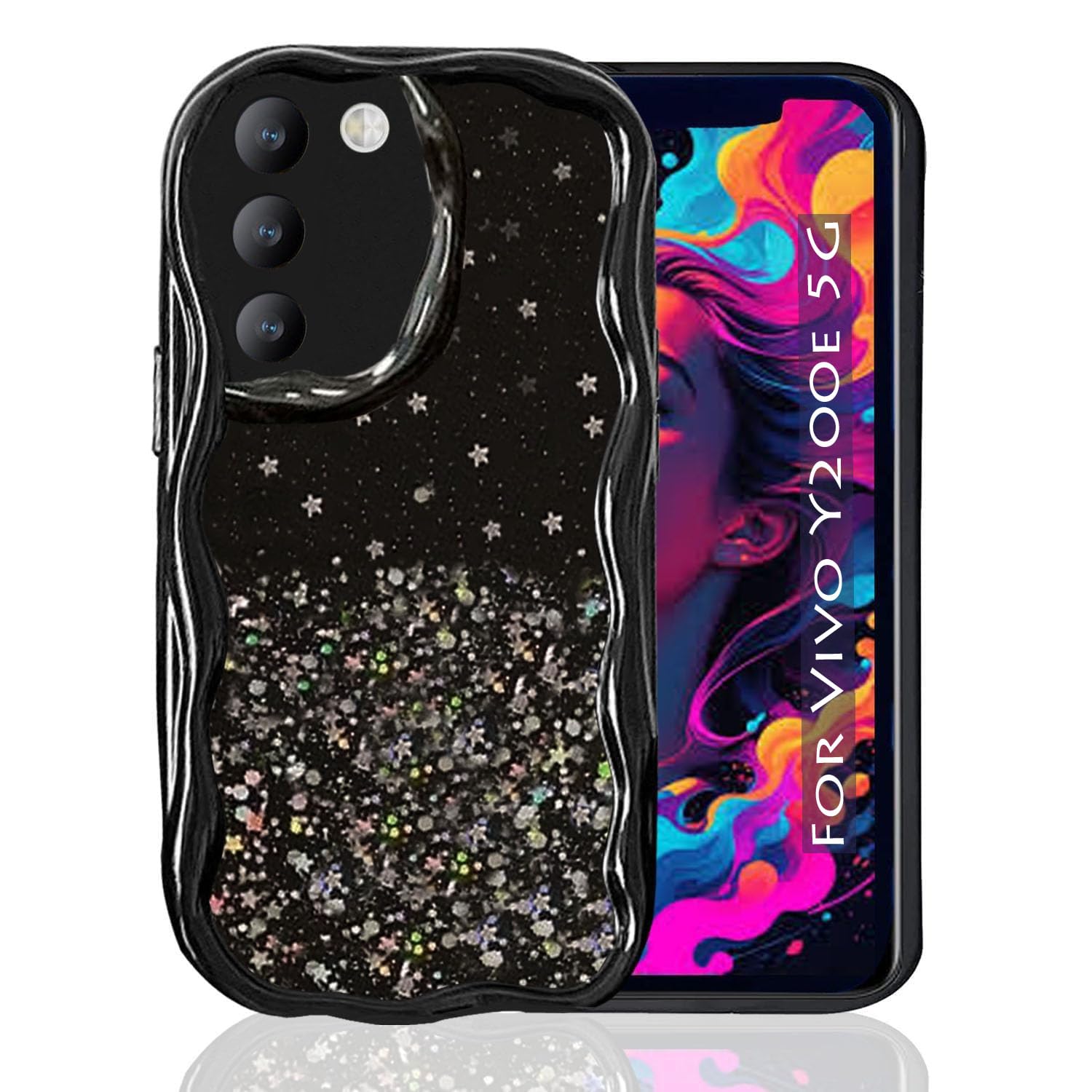 KC Back Cover for Vivo Y200e 5G - 3D New Curly Wave Dry Fixed Non Moving Starry Glitter Shockproof Bumper Soft Silicone Case with Camera Protection (Black) (B0D9FFMJC6) Amazon Price History, Amazon Price Tracker