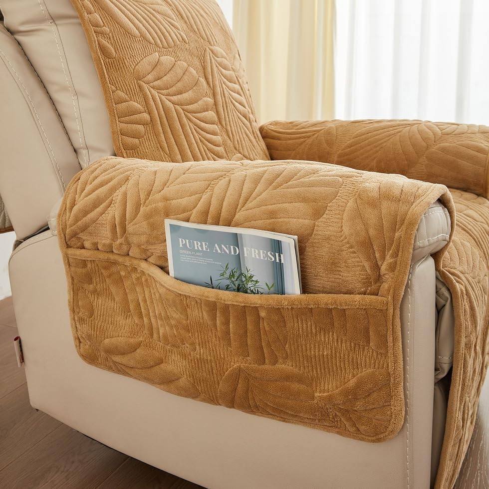 ROOMLIFE Palm Leaves Velvet Plush Quilted Recliner Chair Covers, Soft Non-Slip Dog Chair Cover Furniture Protector Washable Slipcover with Pocket, Elastic Straps for Pets, Kids (Khaki, 23.6"X 91")