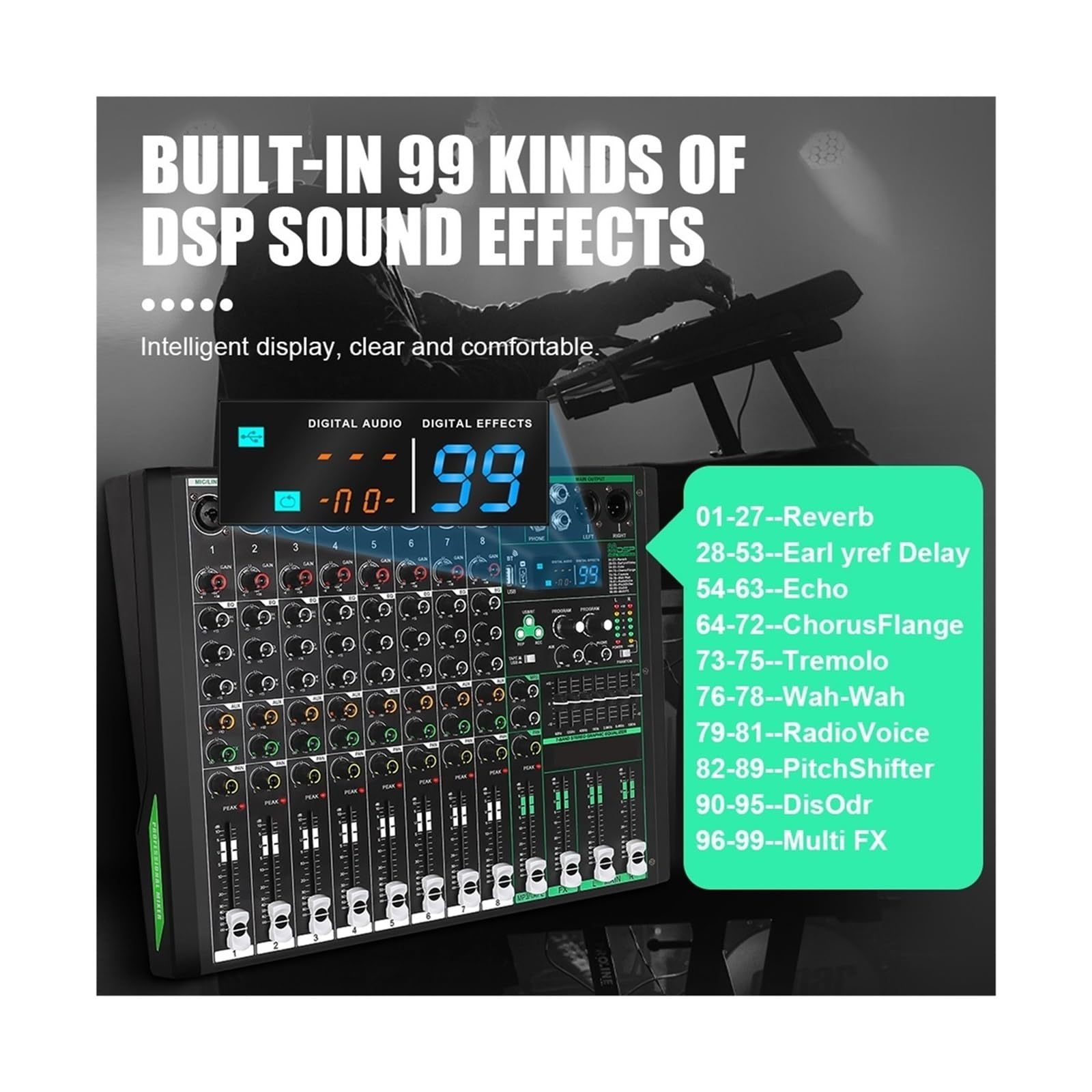 Mikser audio, 8-kanałowy mikser audio mono, 99 efektów, 7-pasmowy korektor, 48 V, konsola miksująca DJ, nagrywanie USB, stół dźwiękowy do sta do karaoke w studiu