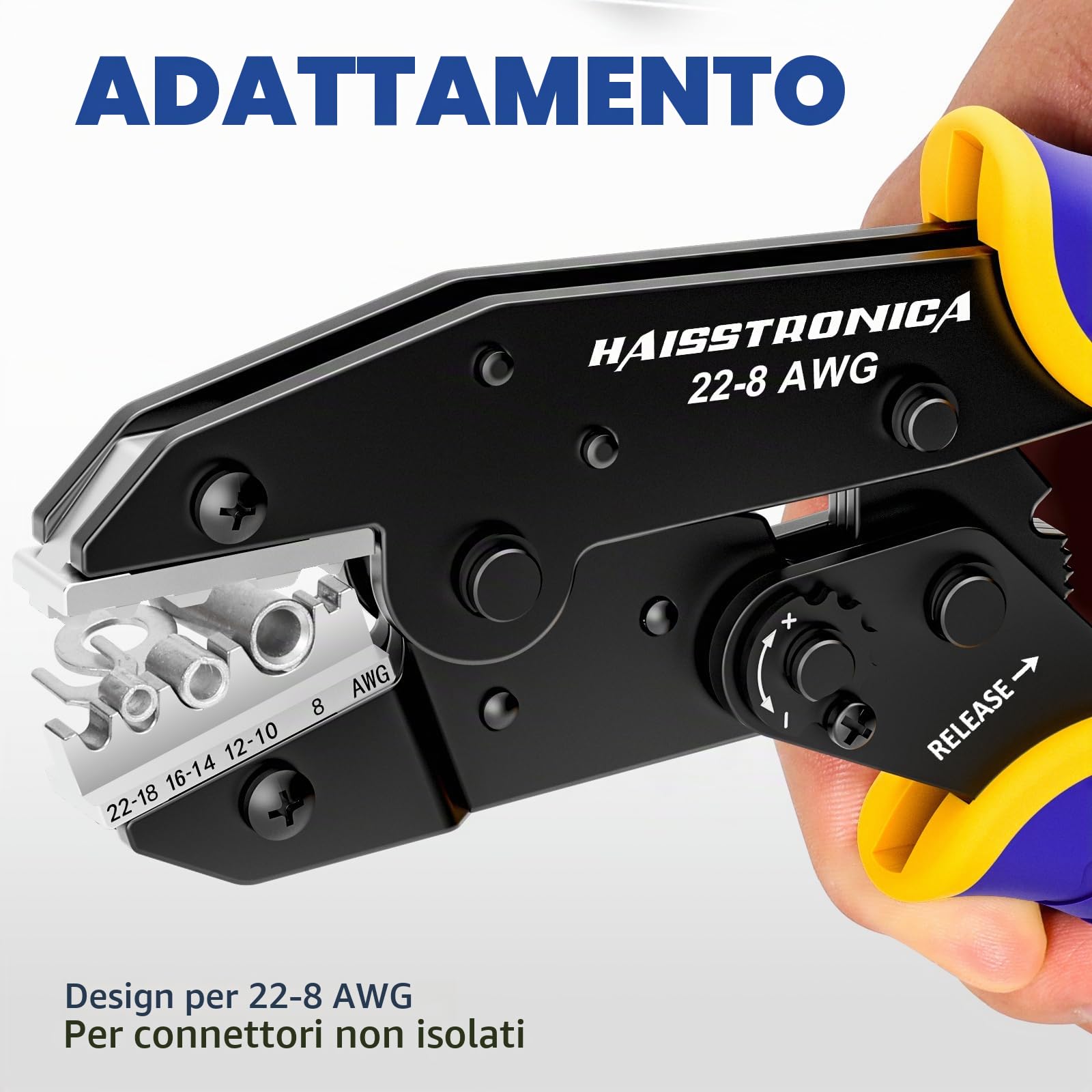 Haisstronica pinza crimpatrice per capicorda non isolati 0,5–10 mm² (AWG 22–8), pinza per capicorda ad anello non isolati, connettori elettrici, capicorda a crimpare, pinza a cricchetto