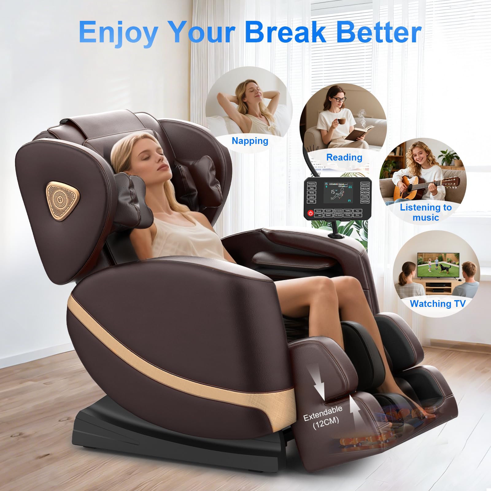 Sillón de Masaje, con Modo de Gravedad Cero, 14 Ruedas y 8 Airbags de Confort, con Calefacción para Cintura y Piernas, Masaje de Pies, Reproductor Bluetooth y Pantalla Táctil (Marrón)