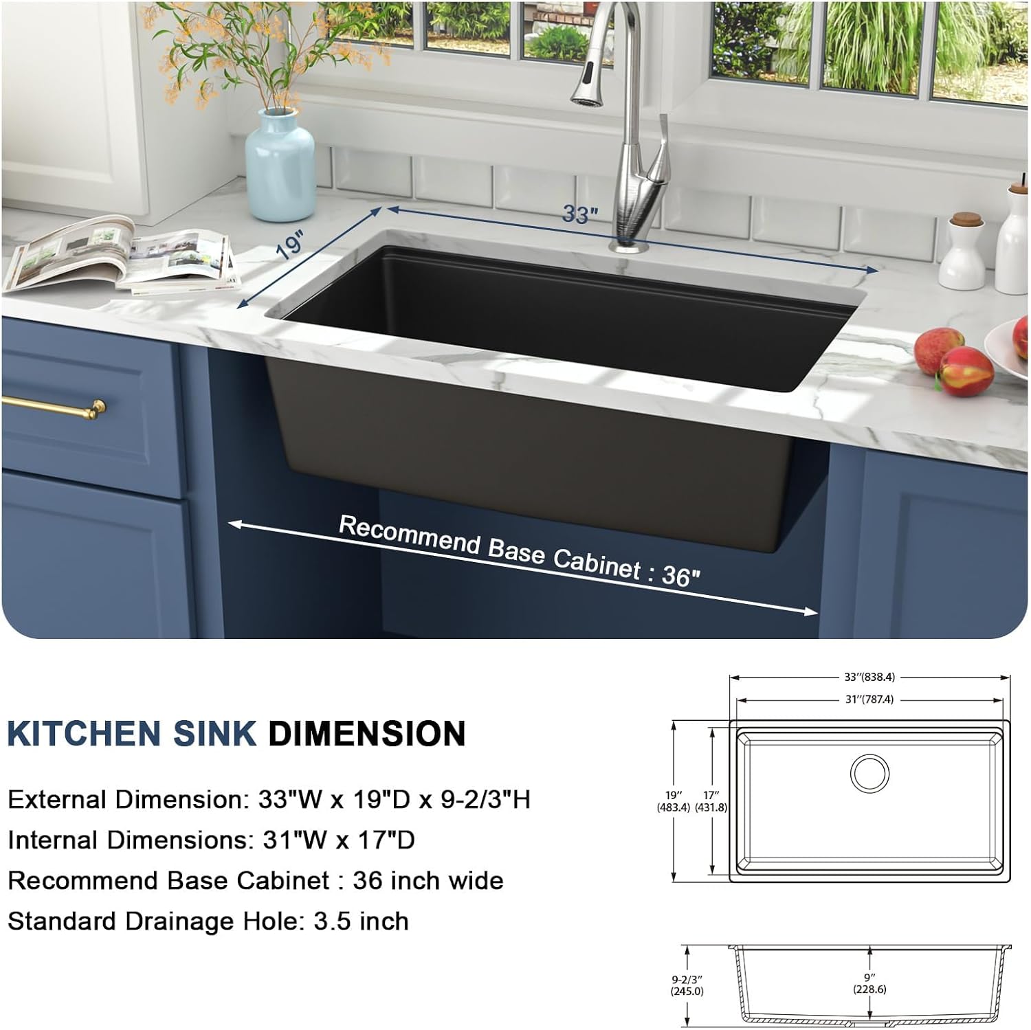 Lordear 33 Black Kitchen Sink Granite Composite Undermount Sink 33x19 Inch Quartz Composite Black Deep Single Bowl Workstation Undermount Kitchen Sinks