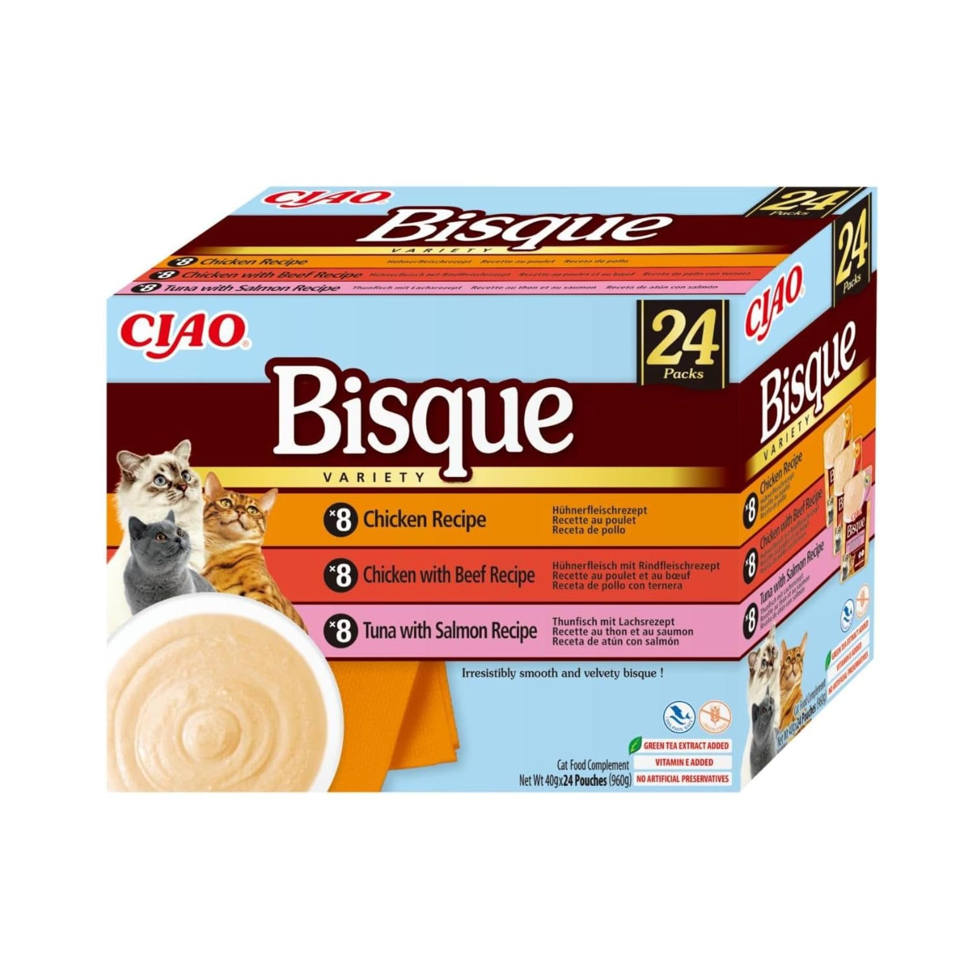 Ciao Bisque by INABA Wet Cat Food - Chicken & Tuna Variety Pack (960g total) / Delicious & Healthy Snack, Puree Food Topper, Side Dish, Complement, Natural, Grain Free, Wet Cat Food