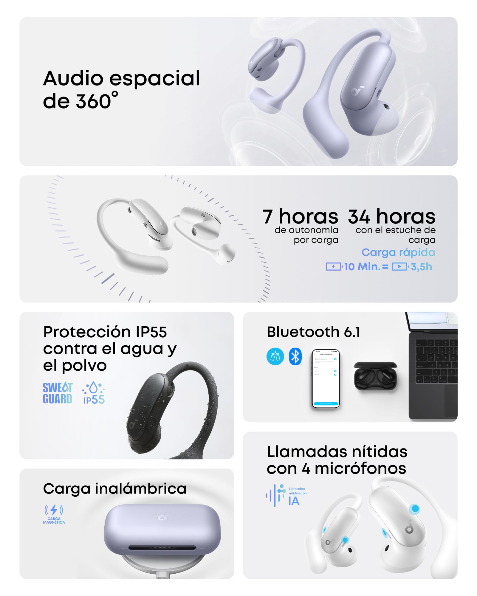 Soundcore AeroFit 2 Pro de Anker, Auriculares Abiertos con ANC, Ganchos 5 Posiciones, Controladores 11,8 mm, Audio Alta Resolución LDAC, Llamadas Nítidas IA, 4 Micrófonos, IP55, Carga Inalámbrica