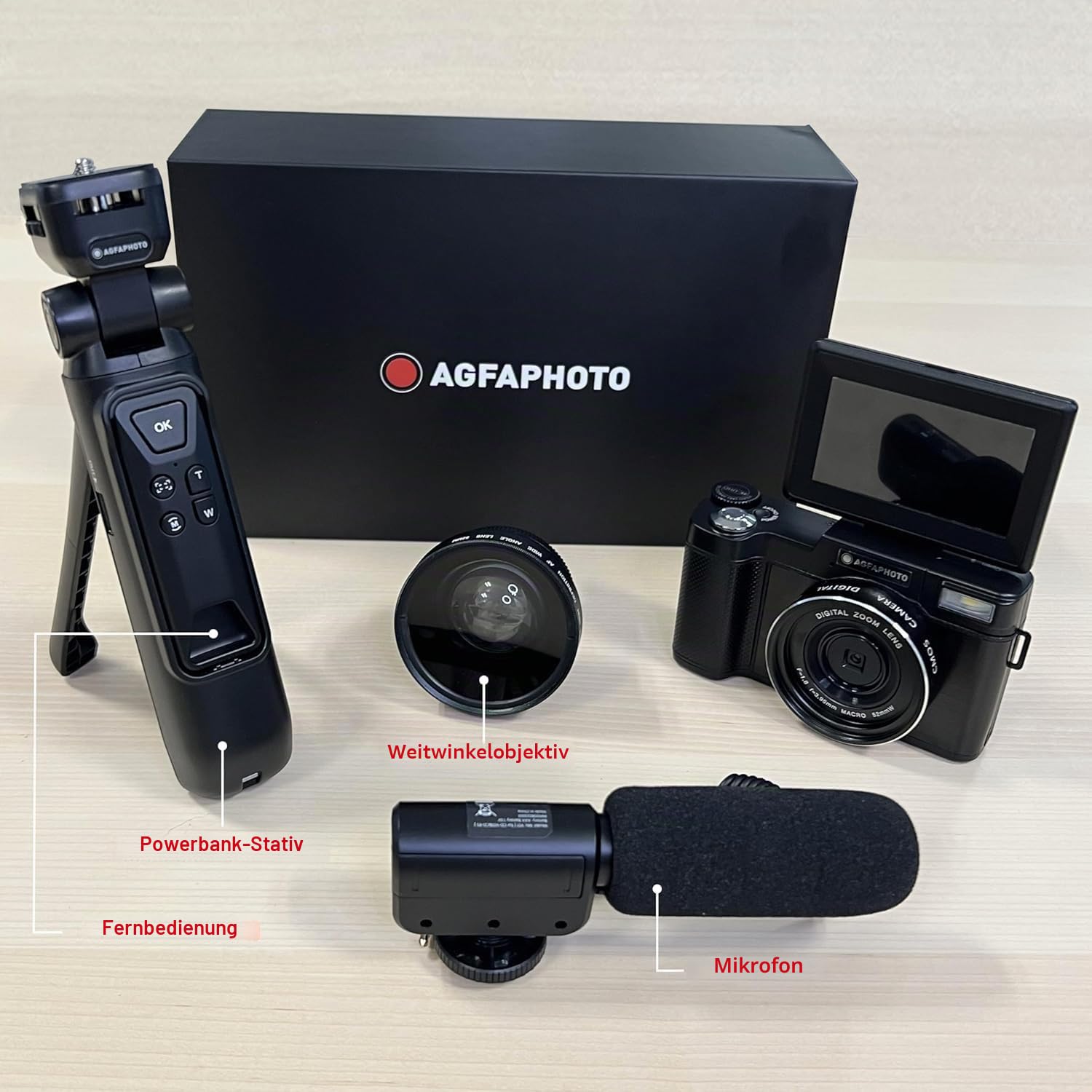 AGFA PHOTO Realishot VLG-4K Vlogging Kit - 24MP Kamera, 4K Video, 3'' LCD-Bildschirm, 16-facher Digitalzoom, CMOS-Sensor, Lithium-Batterie - Schwarz