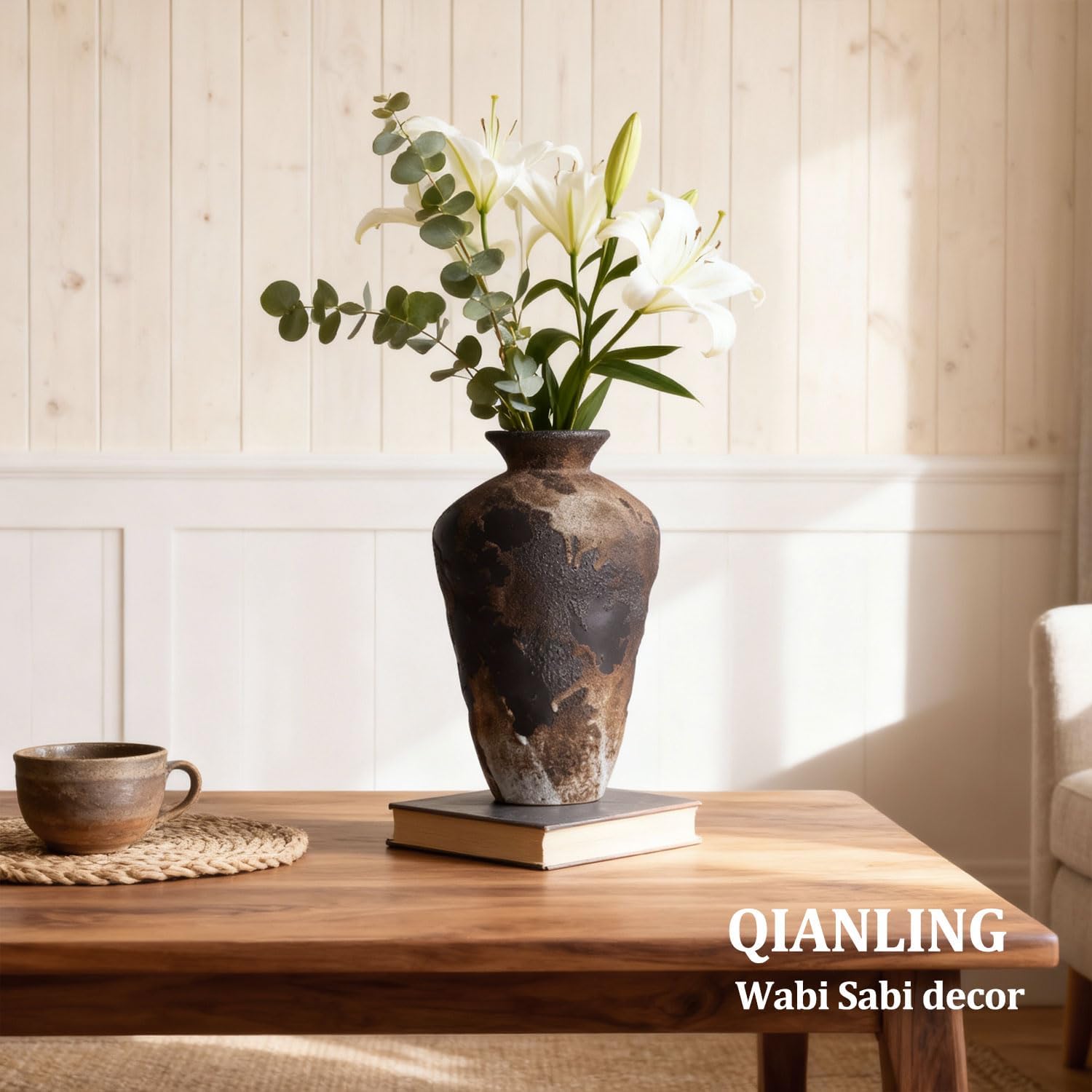 Wabi Sabi Decor Rusty Vintage Vase - 8.7" Tall Rustic Farmhouse Wabi Sabi Vase for Centerpiece, Pottery Stone Flower Vases for Home Decor, Table, Living Room, Bedroom, Bathroom, Kitchen (Smoky Earth) - Image 7