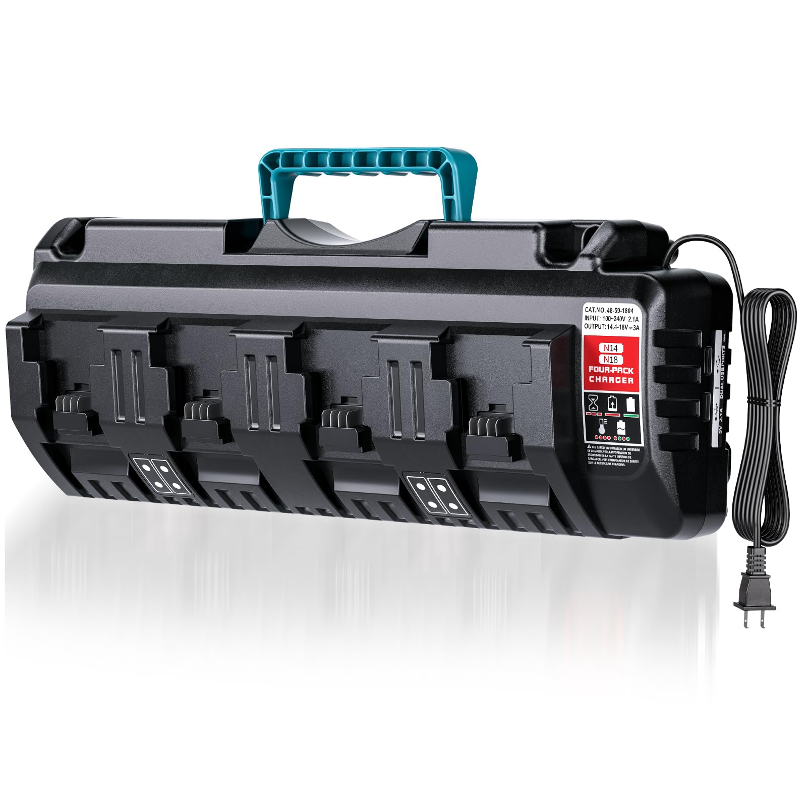 Estación de carga rápida de 4 puertos para batería Milwaukee M18 de 18 V, compatible con 48-11-1850, 48-11-1840, 48-11-1860, 48-11-1820, 48-11-1865, 48-11-1828, + 2 salidas de puerto USB