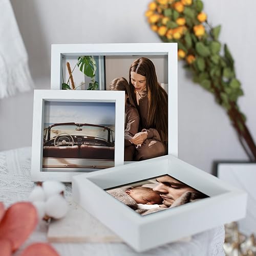Miniatura 5 de Marco de fotos de madera de roble macizo de 6 x 6 pulgadas con vidrio real, marco cuadrado de 6 x 6 pulgadas, color blanco con soporte para mesa y