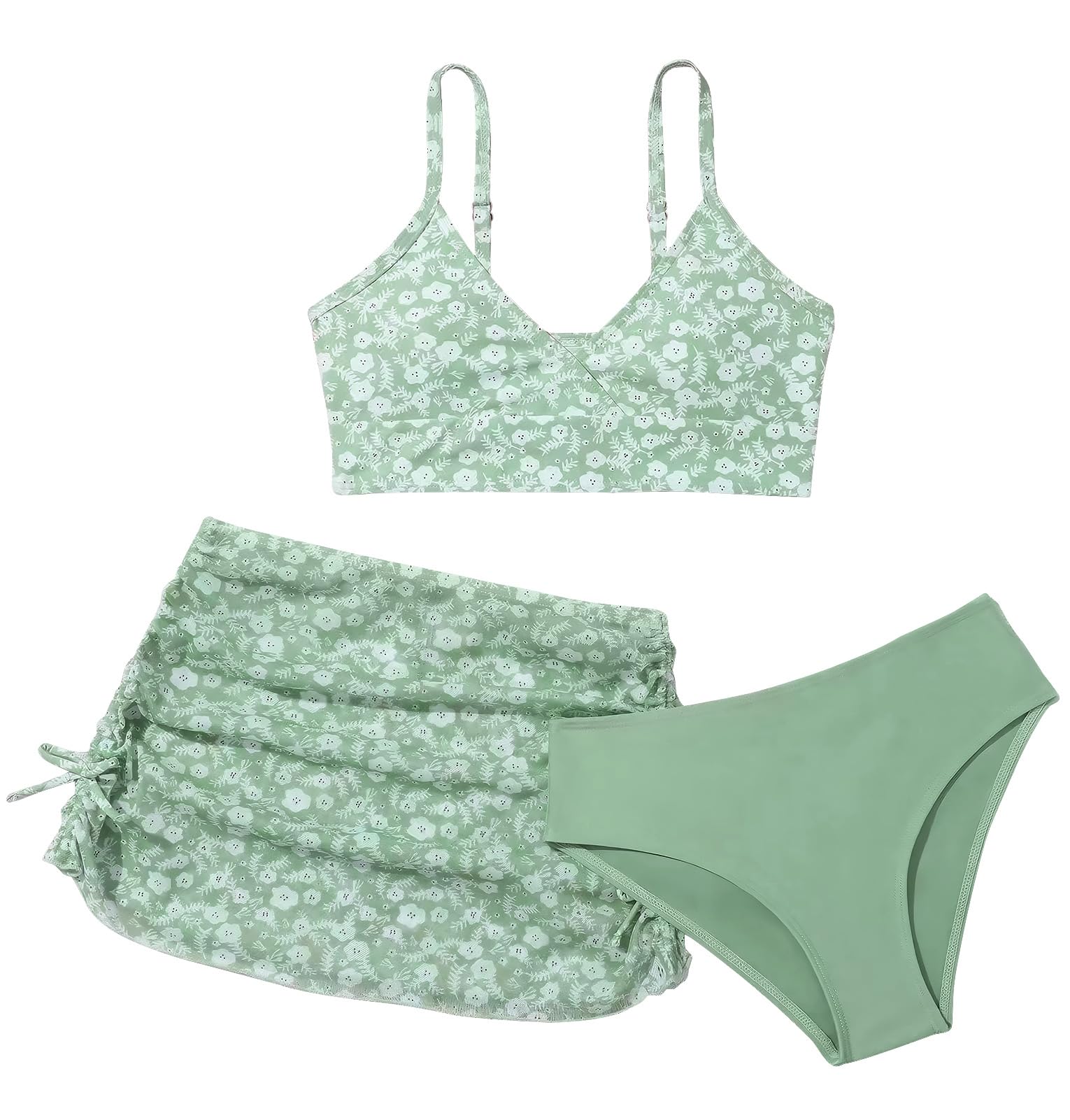 Happy Cherry Conjunto de bikini para niña, 3 unidades, diseño floral, traje de baño de verano, con falda, adolescentes, bañadores de playa, bikinis para 8-14 años