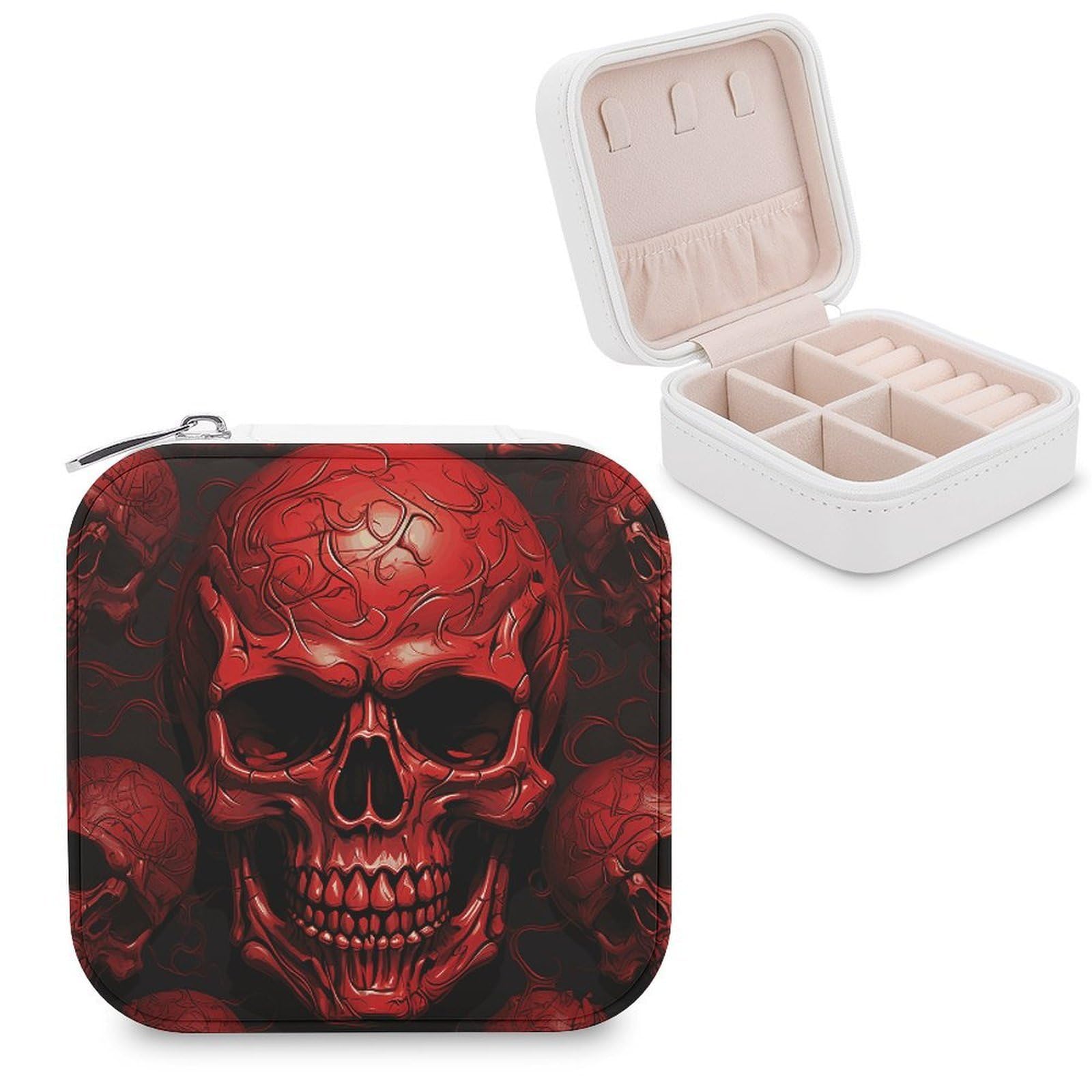 VstaDank Red Skulls Travel Jewelry Case Zipper Portable Small Jewelry Box Custom Pu Leather Mini Traveling Jewelry Organizer for Rings Earrings Necklace Bracelet Girls Women