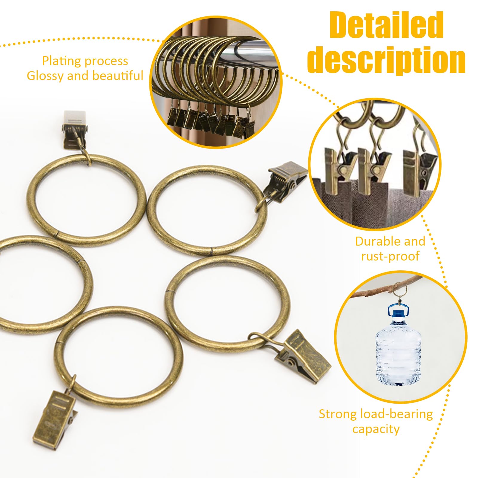 Anawakia Set di 10 anelli per tende con clip in metallo a gancio, clip per tende con anelli (oro, diametro interno 35 mm