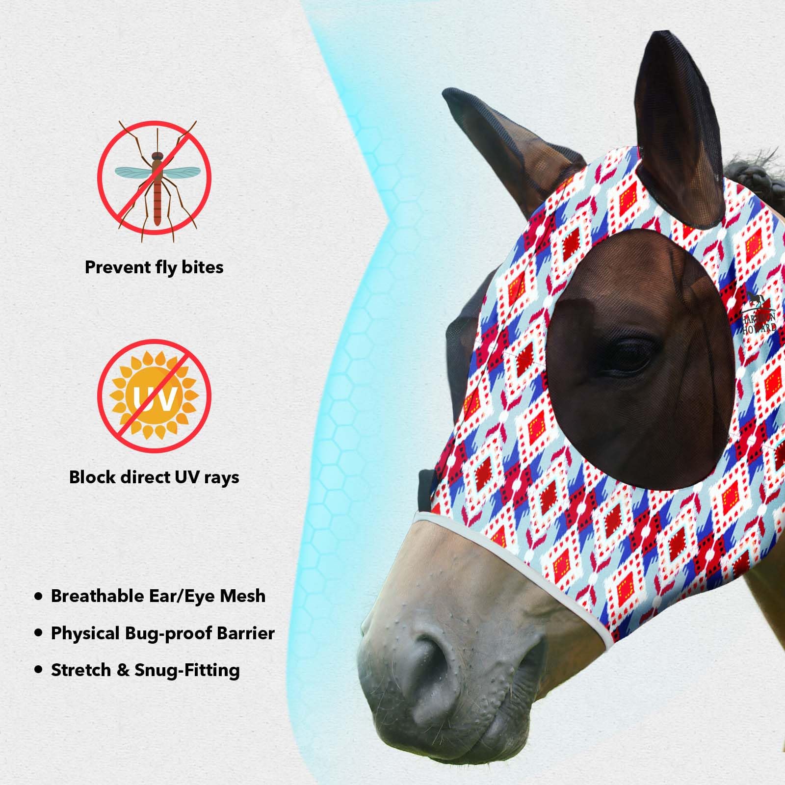 Harrison Howard Elasticità Maschera da mosca del cavallo Stupendo Comfort con protezione UV Standard Maschera da mosca del cavallo per cavallo-Astratto tribale (L)