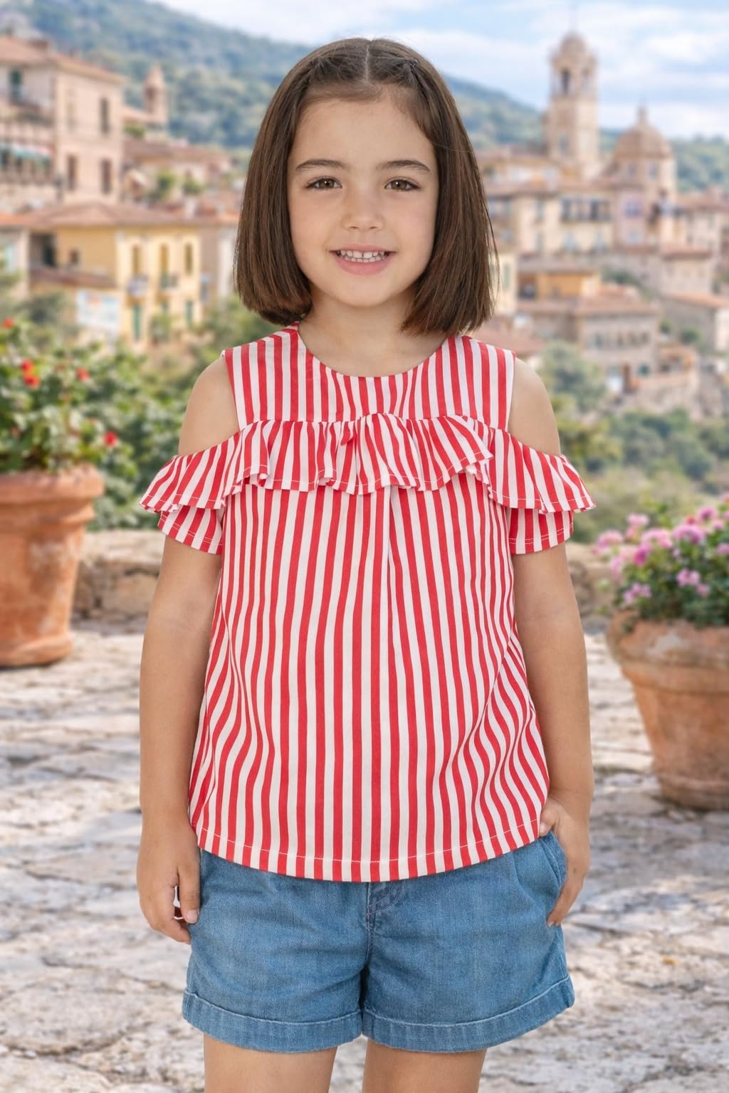 Generico Blusa para niña de rayas rojas y blancas de algodón, con volantes y hombros descubiertos, estilo informal de verano