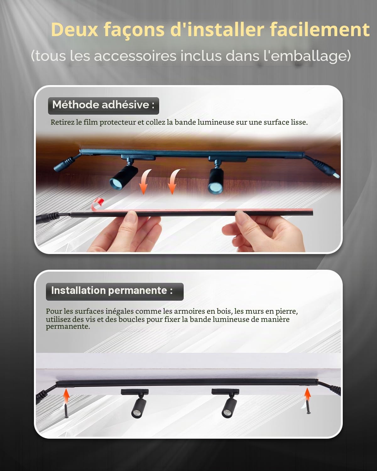 Cefrank LED Projecteurs d'accentuation Magnétiques Rotatifs, 400 lumens, Lumière Blanche 6000K - 30 cm de Voie Noire & Set de 2 Base Magnétique Lampes, Finitions Noir