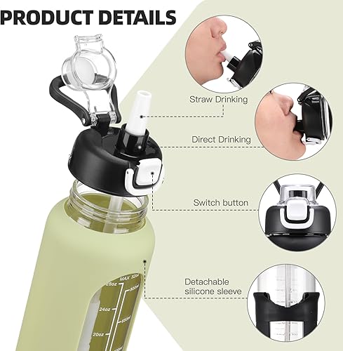 Miniatura 9 de chunmo Bolttles de agua de vidrio de 32 onzas con pajilla, botella de agua motivacional grande con marcador de tiempo, botellas de agua deportivas
