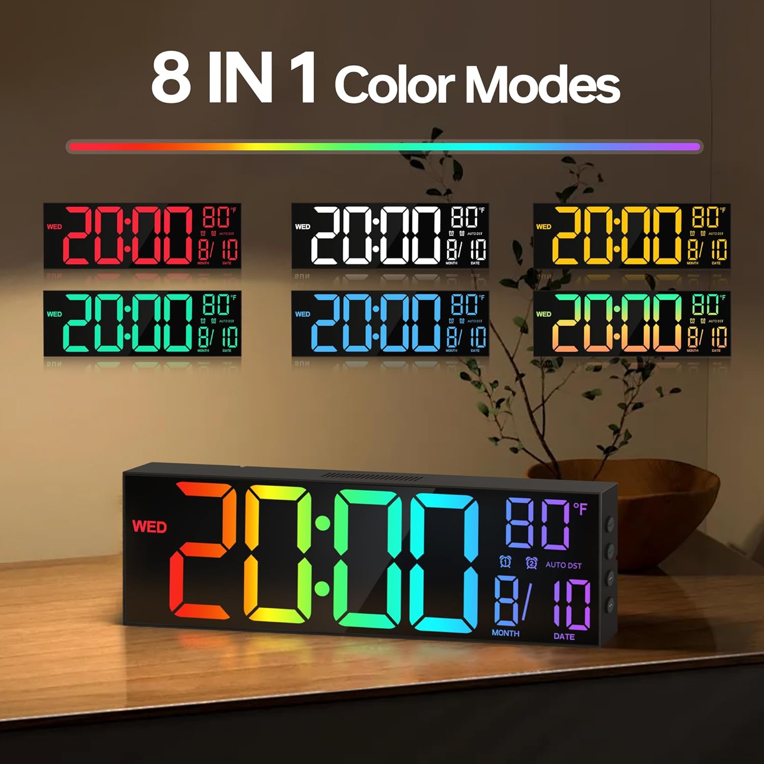 JALL 16.1" Large Digital Wall Mount Clock, Count Down Timer, Alarm, Big LED, RGB Color, DST, Temperature for Living Room Classroom Desk, Wall, Xmas, Birthday Gift for Senior Mom Dad, Rainbow