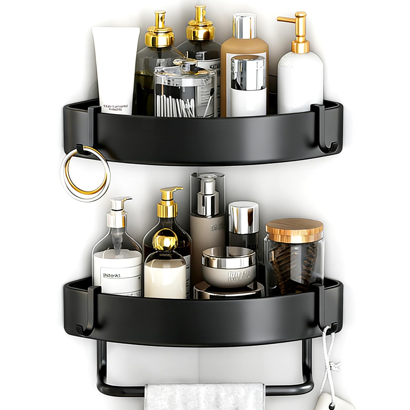 HANFU Mensola Doccia, Mensole Bagno Senza Foratura Montaggio a Muro con Alluminio Scaffale e Vetro Smerigliato, Mensola Bagno Autoadesivo di bagnoschiuma Shampoo Mensole Doccia 2 Pezzi, 30cm Nero
