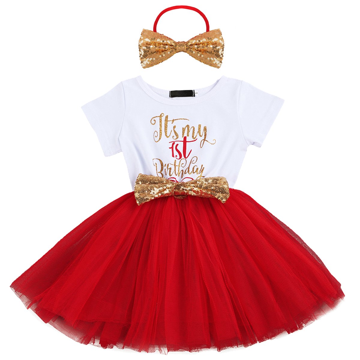 Baby Girls Newborn Christmas Birthday Party Cake Smash Princess Dress up Bowknot Sequin Tulle Tutu Dance Ball Gowns Red One Year+ Gold Headband
