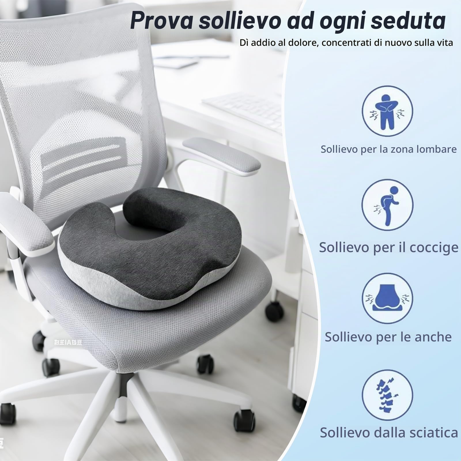 Cuscino Antidecubito, Cuscino per Emorroidi, Ciambella per Sedersi, Cuscino Ortopedico, in Schiuma Memory con Rivestimento Estraibile, per Ufficio, Auto, Sedia a Rotelle, Casa