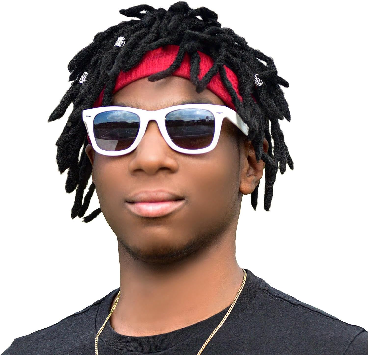 Braided Wig with Red Headband comes with three Hair Rings Silver Hip-Hop Sporty for Costume Black Wig Cap Unisex Dreadlock Wig