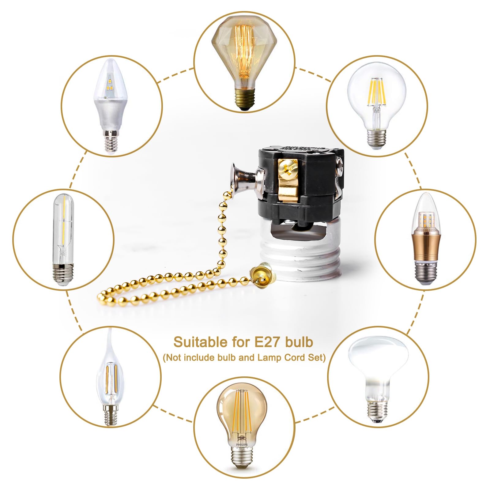 GOMETY Oprawa lampy E27 w stylu vintage z przełącznikiem łańcucha, miedziana oprawa lampy z łańcuchem ciągnącym, na biurko, uchwyt na lampę, podstawa śrubowa, do samodzielnego montażu