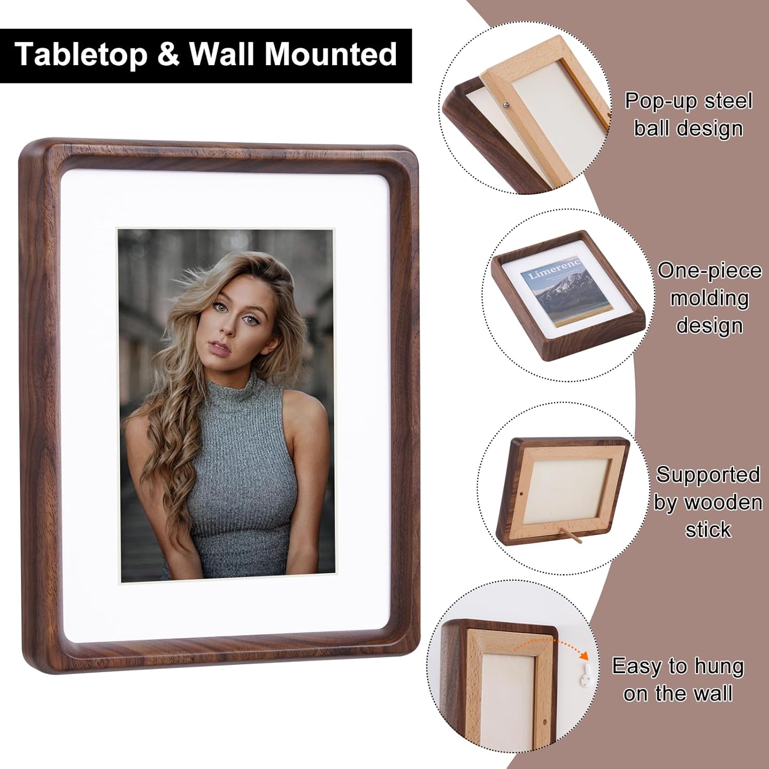 Wooden Photo Frame 6x8 inch, with Mat to fit Photo 4x6 inch, Natural Walnut Wood Small Picture Frames 8x6 inch for Landscape or Portrait Orientation, Wall-Mount & Tabletop (Walnut)