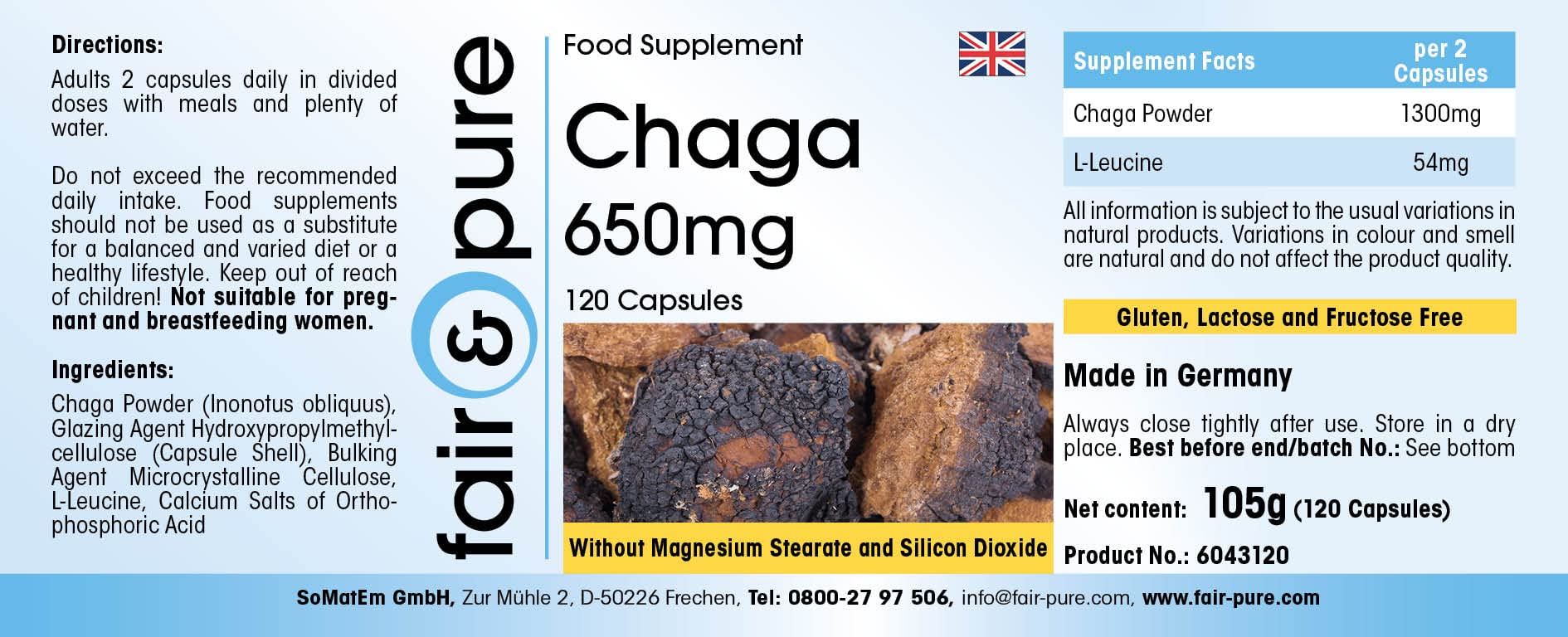 Fair & Pure® - Chaga 650mg - Capsule - Inonotus obliquus - Vegan - 120 Capsule