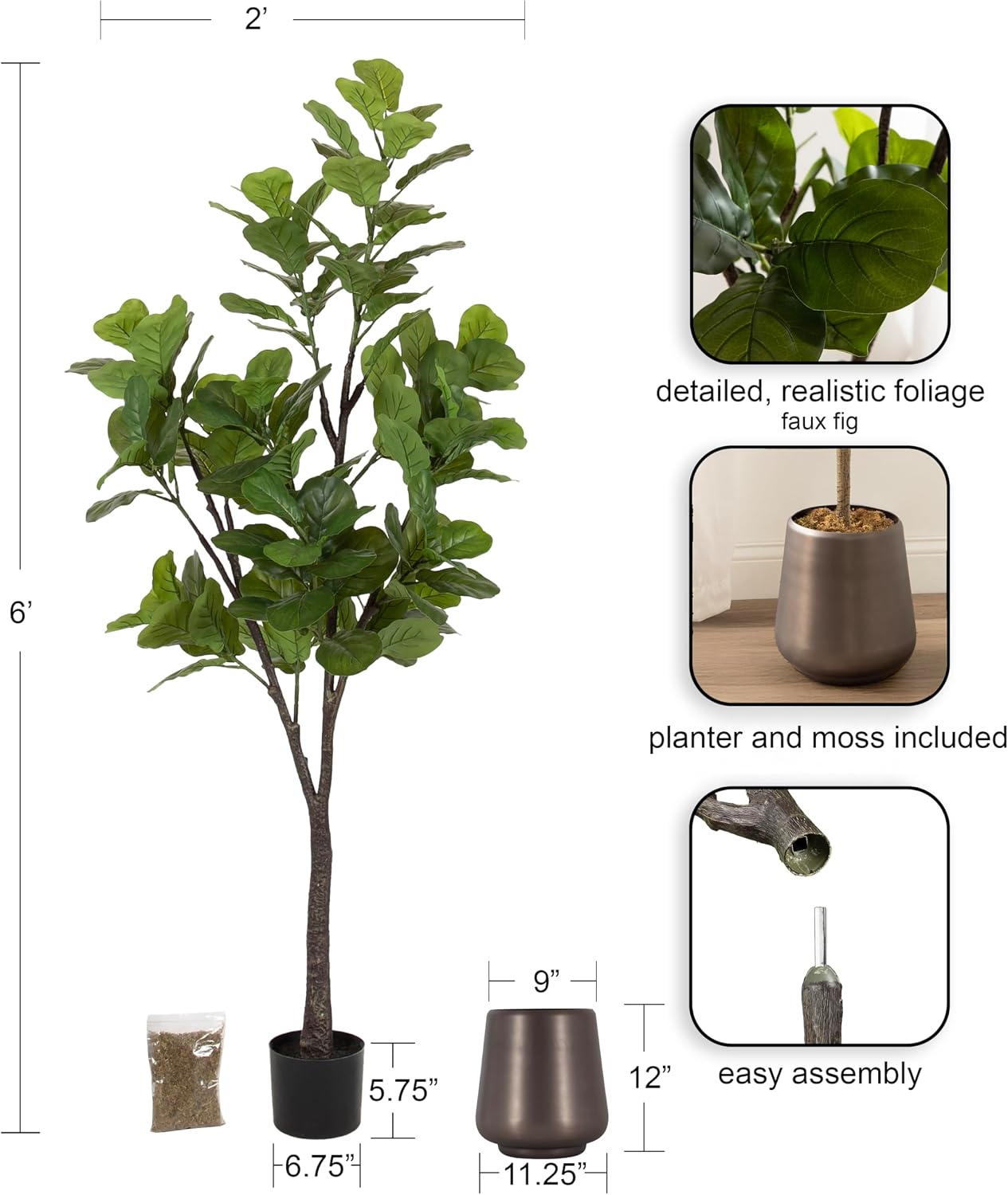 Kate and Laurel Fidmont Faux Fiddle Fig Tree with Portell Metal Planter Pot, 6 FT, Gunmetal, Potted Artificial Tree Indoor with Realistic Foliage and Added Moss, Fake Plant for Living Room Decor