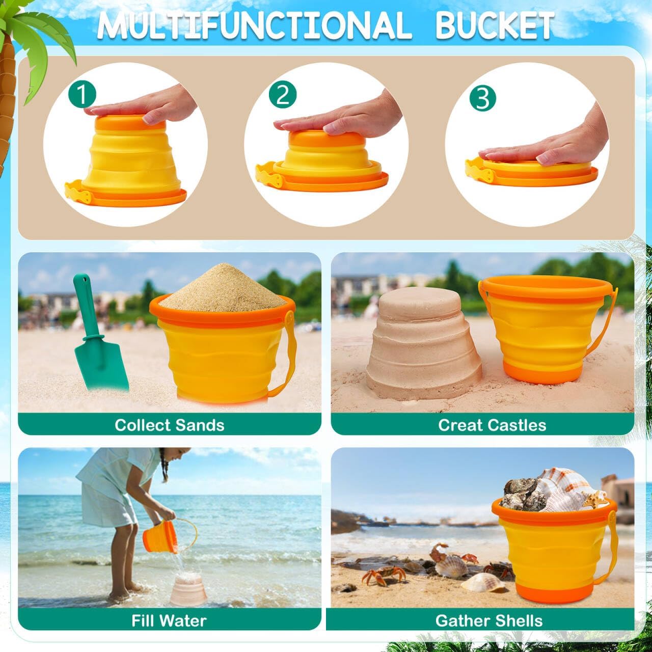 Beach Toy Set for Kids Sand Toys Summer Outdoor Play with Mesh Bag-Includes Collapsible Bucket, Mesh Shovel, Sand Shovel,Scissors Pliers,Rake Mold Kit