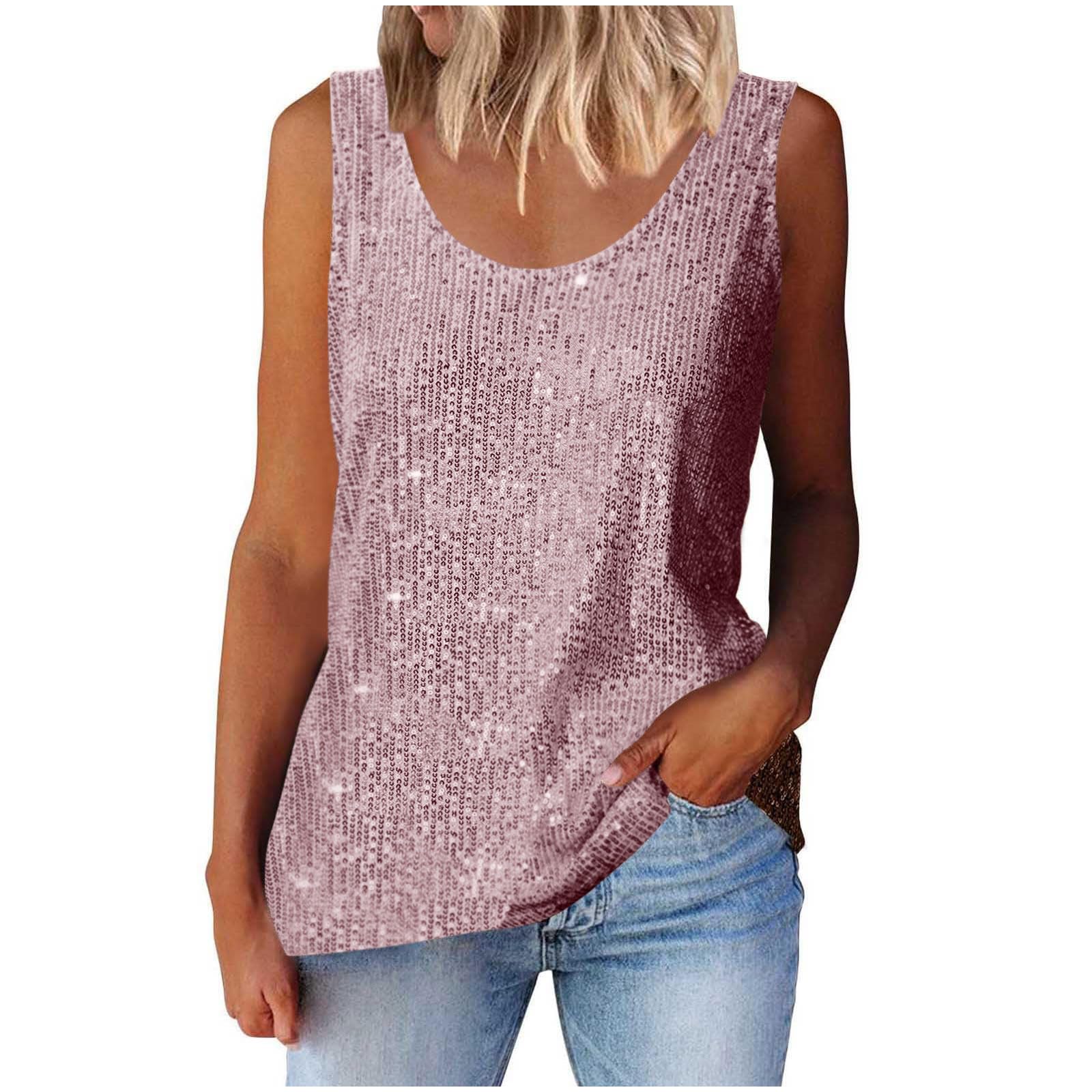 Sequin Tops for Women Crew Neck Sleeveless Tank Top Sparkle Shimmer Camisole Vest Party Club Night Outfit