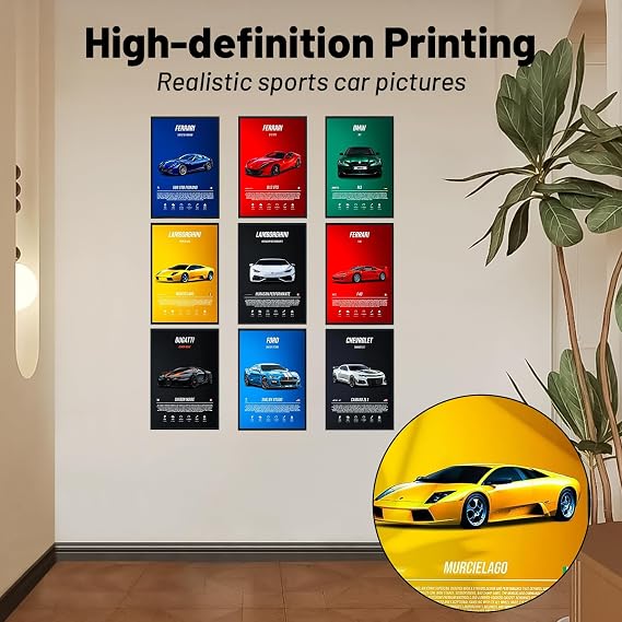 9PCS Super Car Posters for Bedroom, Racing Car Wall Art Decor For Home Living Room Bedroom, Waterproof Canvas Wall Art Pictures No Framed - FERRARI/LAMBORGHINI/BMW/FORD/BUGATTI/CHEVROLET (9pcs)