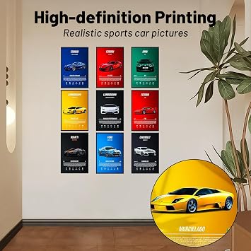9PCS Super Car Posters for Bedroom, Racing Car Wall Art Decor For Home Living Room Bedroom, Waterproof Canvas Wall Art Pictures No Framed - FERRARI/LAMBORGHINI/BMW/FORD/BUGATTI/CHEVROLET (9pcs)