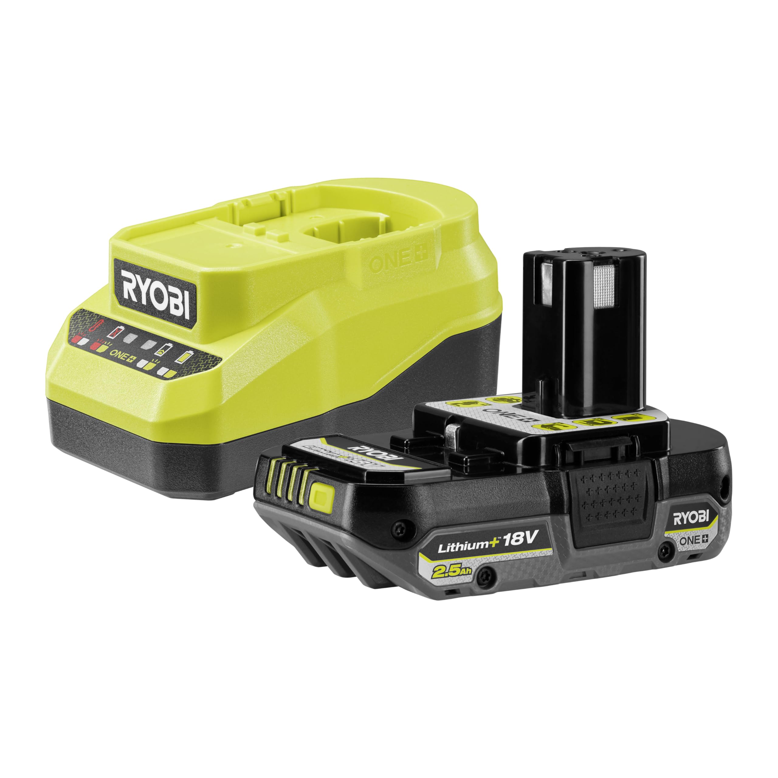 Ryobi Kit Batteria e Caricabatterie Originali 18V ONE+ con Batteria 2,5Ah Lithium+ e Caricatore 2,0A, Tecnologia IntelliCell, Indicatore LED, Compatibile con Oltre 200 Utensili, RC18120A-125G