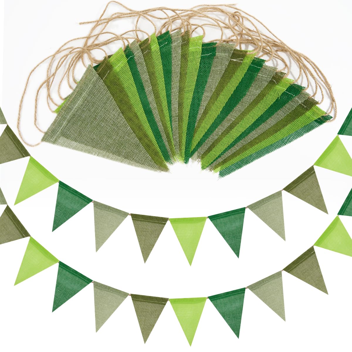 8M Green Bunting Banner, 24pcs Outdoor Waterproof Triangle Flags Pennant Bunting Imitated Linen Burlap Bunting for Party Banners Party Decorations