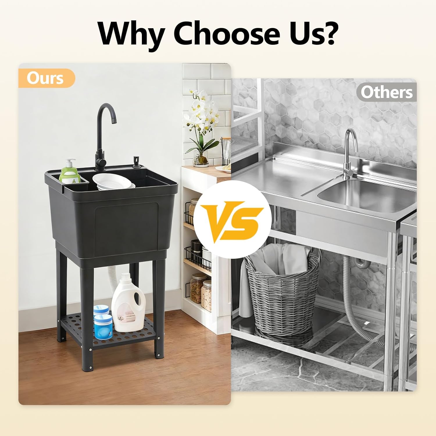 Freestanding Utility Tub Sink, 19 x 18 x 33" Heavy Duty Plastic Laundry Tub Portable and Compact Sink with Faucet for Outdoor Kitchen Laundry Room Garage & Basement (Black)