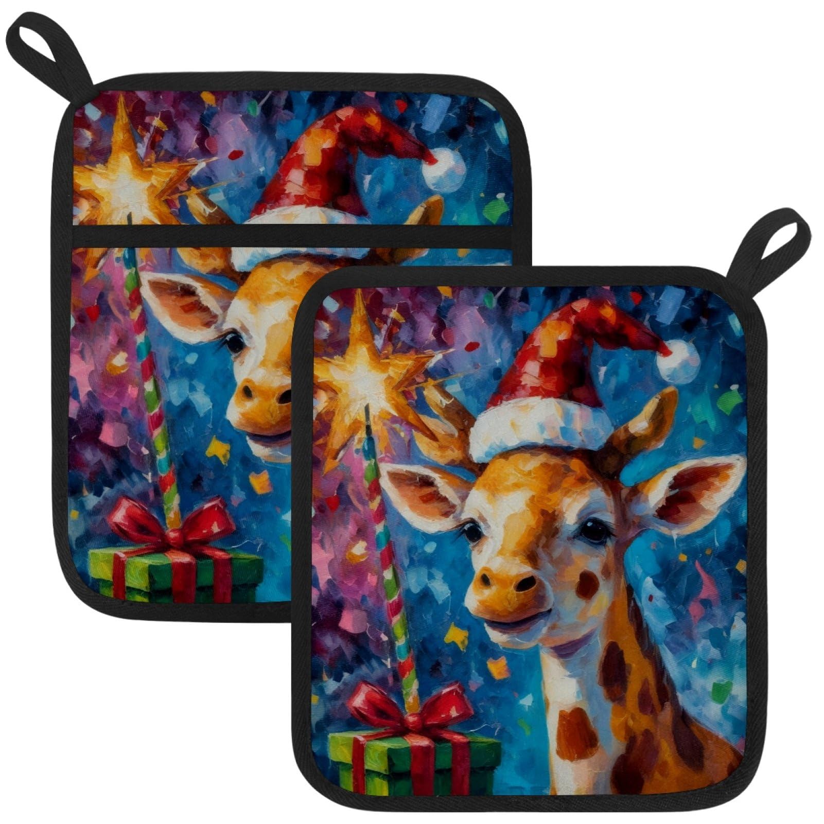 VAPOKF Christmas Giraffe Pot Holder, Heat Resistant Oven Cloths, Potholders & Oven Gloves, for Kitchen Cooking & Baking, Thick & Safe, Protection of Hands From Hot Utensils