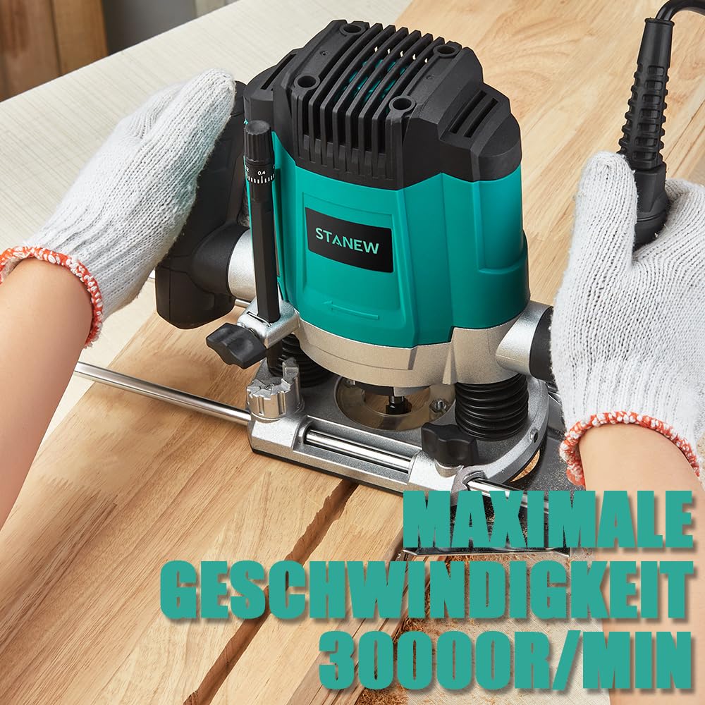 STANEW Oberfräse (1200 W, 6 Geschwindigkeiten 16000-30000 U/min, Ø 6 und 8 mm), Professional Vertical Fresatrice für Holzbearbeitung, Holzfräsmaschine, Frästiefe Einstellbar, inkl. 12 Fräser