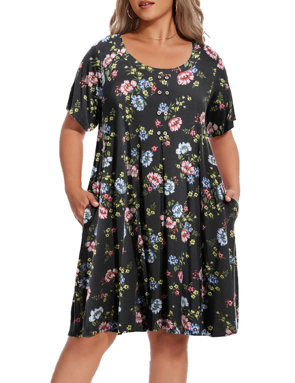 OVERWORETY Womens Short Sleeve Plus Size T-Shirt Dress Scoop Neck Button Up Swing A-Line Casual Dresses with Pocket