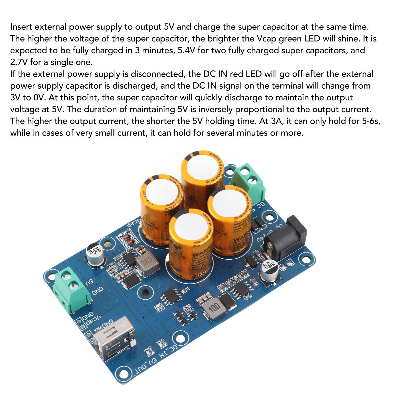 ZJchao Supercondensador UPS para Raspberry Pi, Entrada DC 9-24V, Salida DC5V3A, Backup de 10-60s, Ideal para servidores, automatización y protección de Datos en proyectos energéticos.