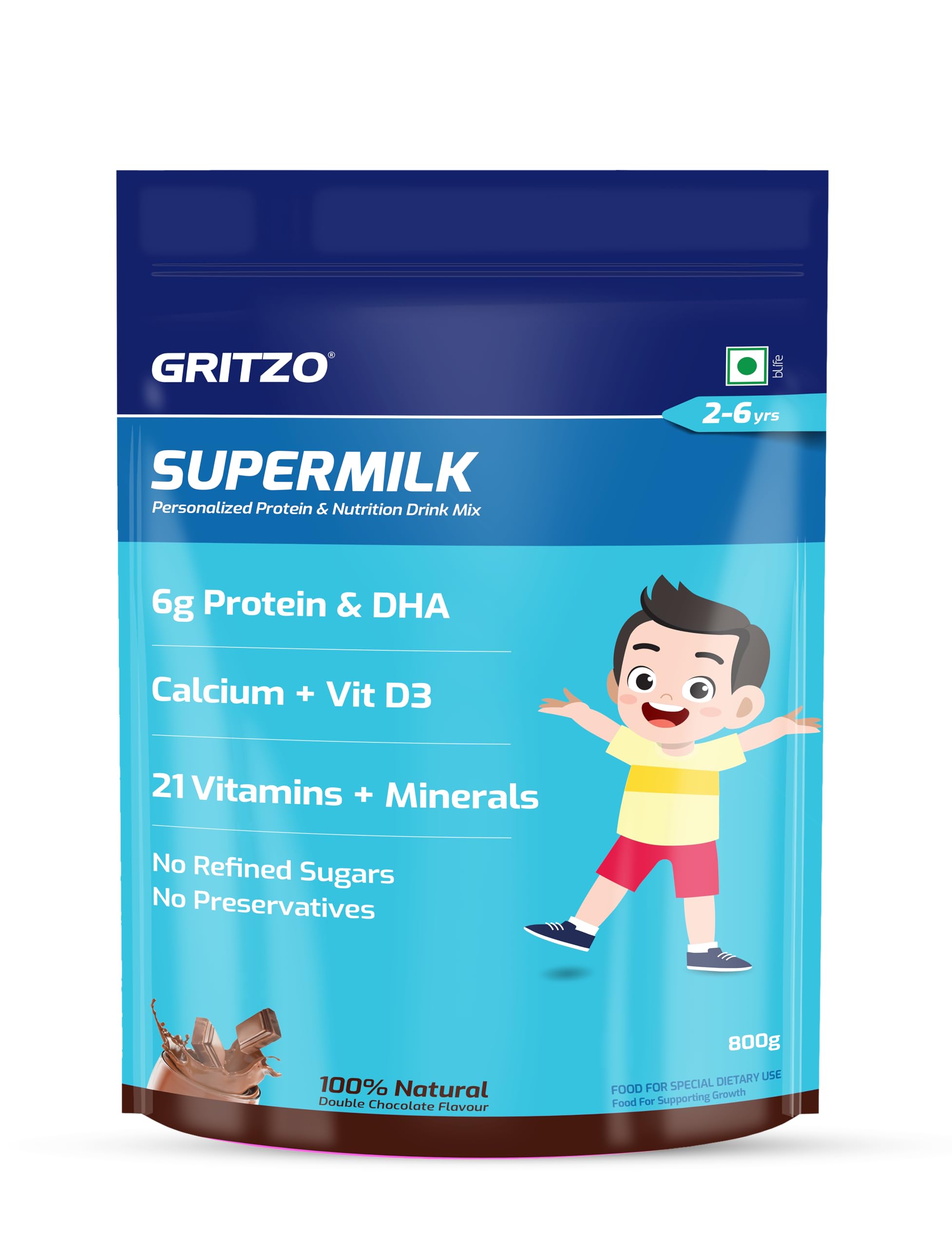 Gritzo SuperMilk Overall Growth (2-6y), 6g Protein Powder (Double Chocolate, 800g) | Zero Refined Sugar, 21 Vitamins & Minerals