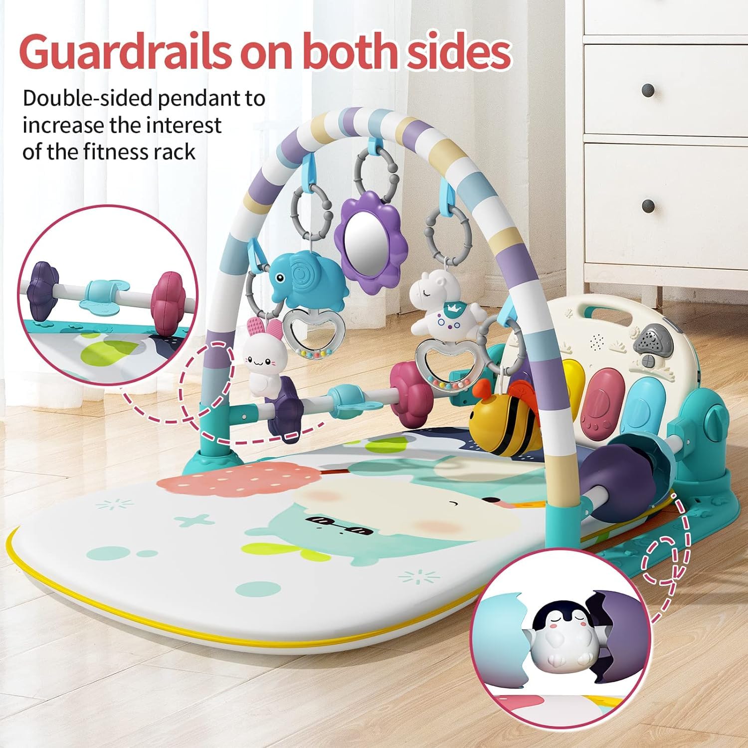 Palestre per Bambini Tappetini da Gioco con Pianoforte, Tappeto per Gattonare con Musica e Luci, Tappeto per Bambini con Arco di Gioco e 5 Giochi per Bambini Rimovibili, Regalo per Neonati 0-36 Mesi