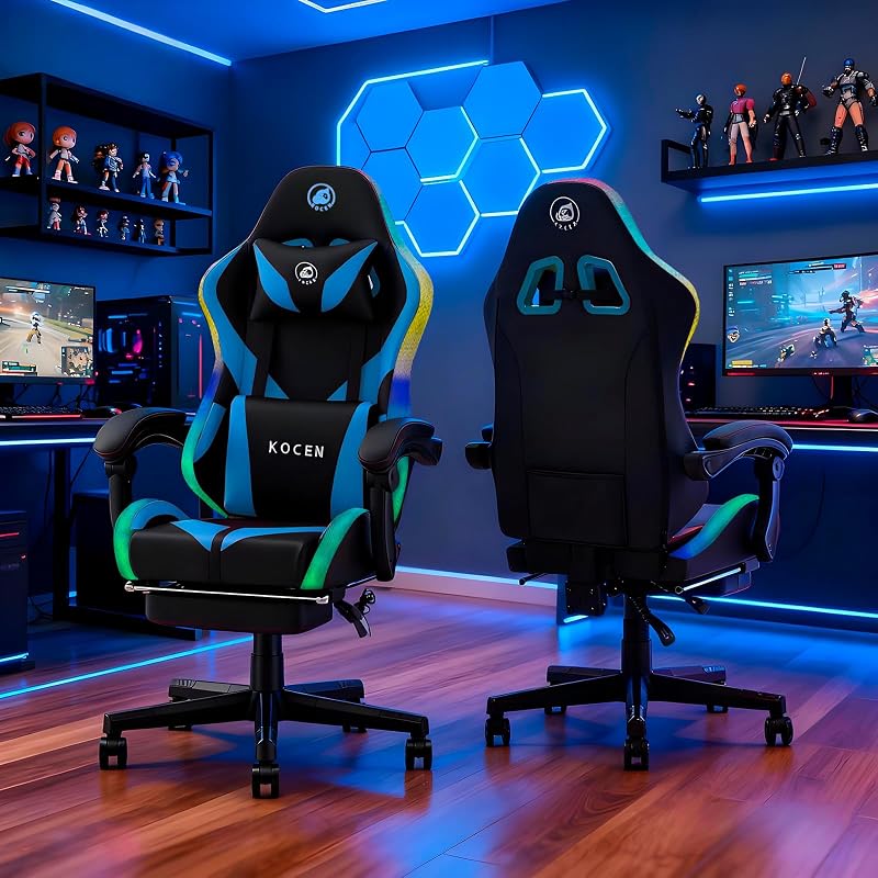 Kechen Silla Gaming con Luz LED, Reposapiés y Masaje, Silla de Computadora Grande y Alta con Soporte Lumbar, Cojín de Muelles Ensacados para Adultos, Silla de Oficina Ergonómica, Piel Sintética, Azul/Negro