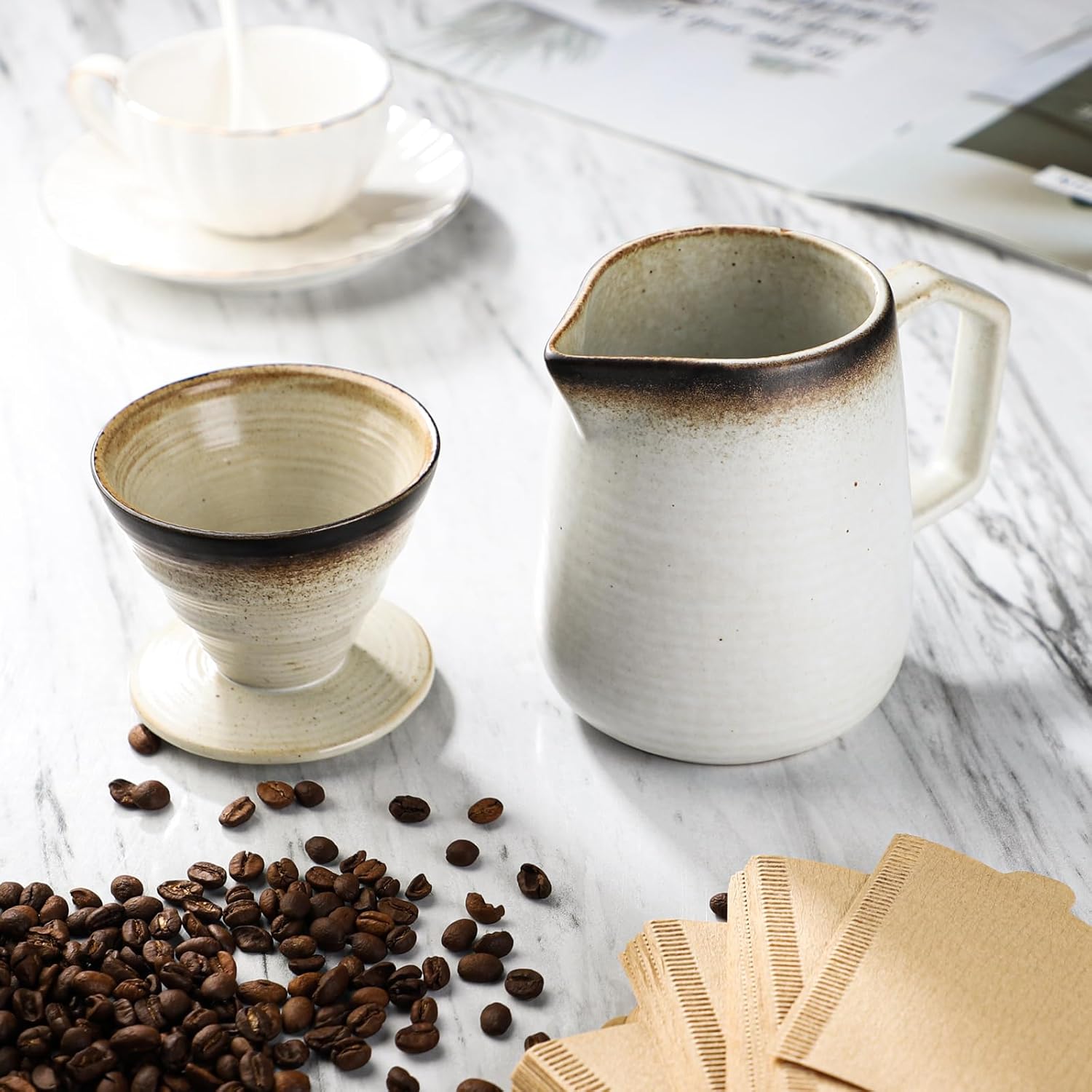 Pour Over Coffee Maker, Ceramic Coffee Dripper 20oz/620ml, with 50 pcs V60 Paper Filter, Drip Coffee Brewer, Vintage-Style (white, 1)