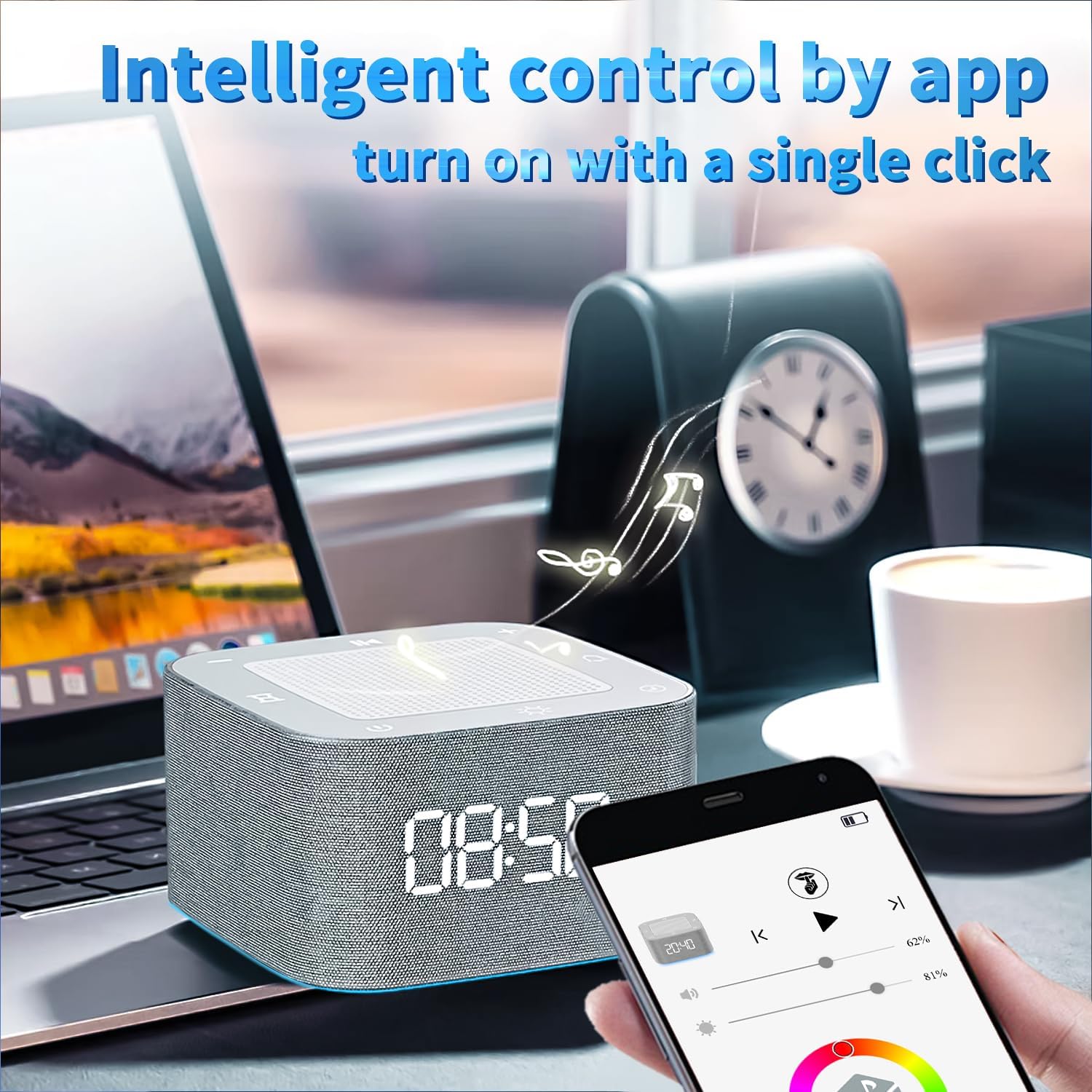Smartphone displaying the app interface controlling the sound machine