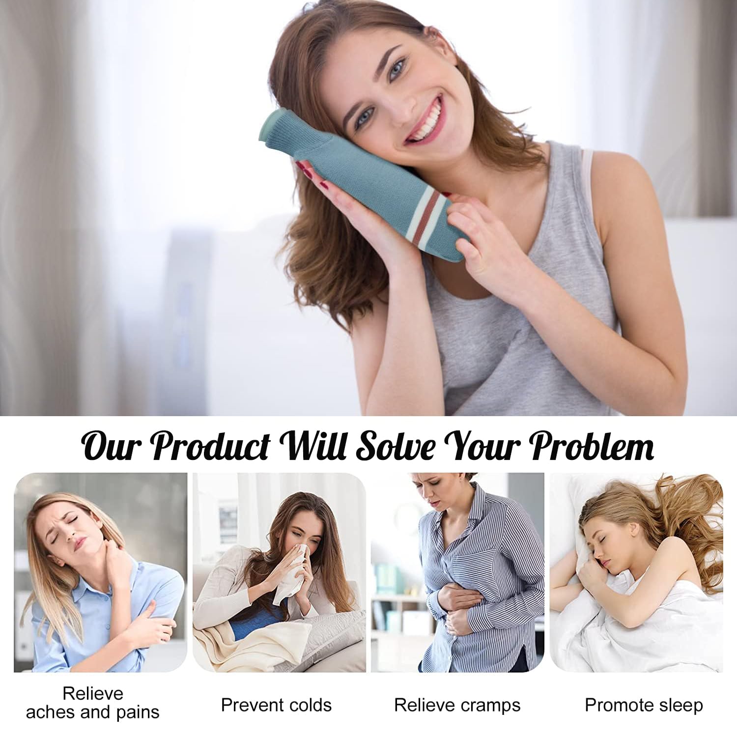 Bolsa de Agua Caliente con Funda de Peluche 2L Grande Botella de Agua Caliente para Adultos y Niños Bolsas Agua Caliente Antifugas para Mantener el Dolor Muscular Menstrual y Articular (Azul)