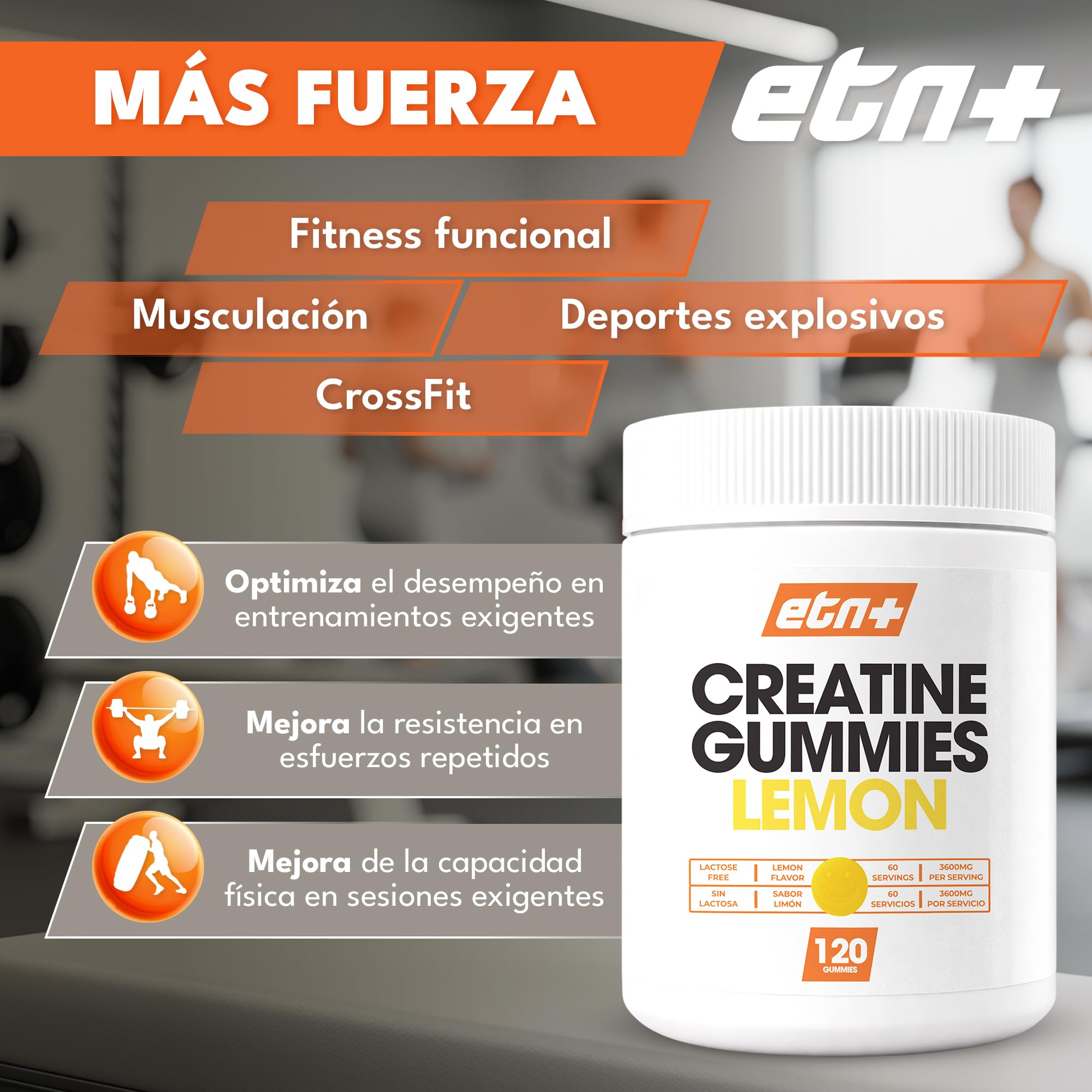 ETN+ Gominolas de Creatina Monohidratada 3600mg | 120 Gummies – 60 Servicios (2 meses) | Sin Azúcar, Sin Gluten | Alternativa Cómoda a la Creatina en Polvo | Ingredientes de Origen Natural | Limón — view 4