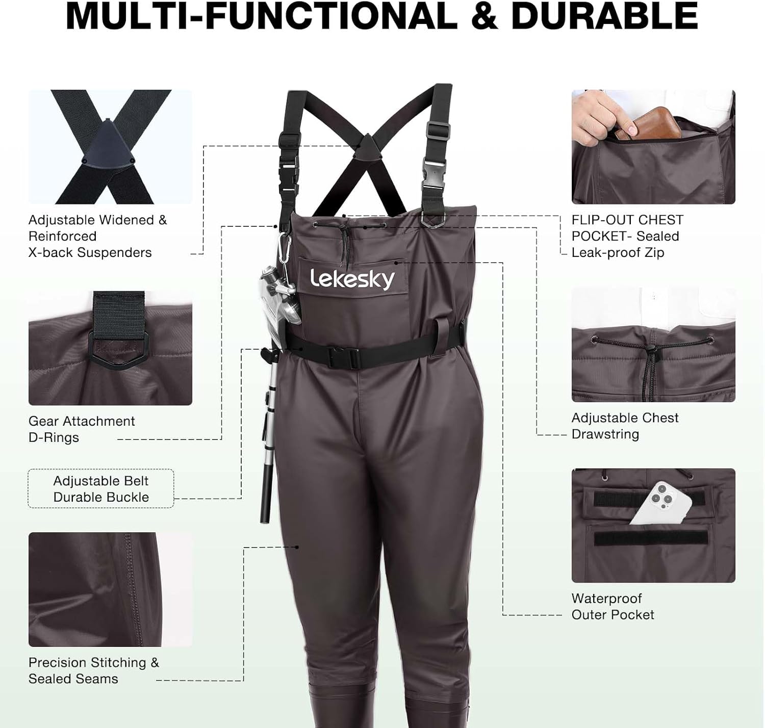 Lekesky Unisex Fishing Waders 2-Ply Nylon/PVC Chest Waders for Men, Waterproof Fishing Hunting Waders